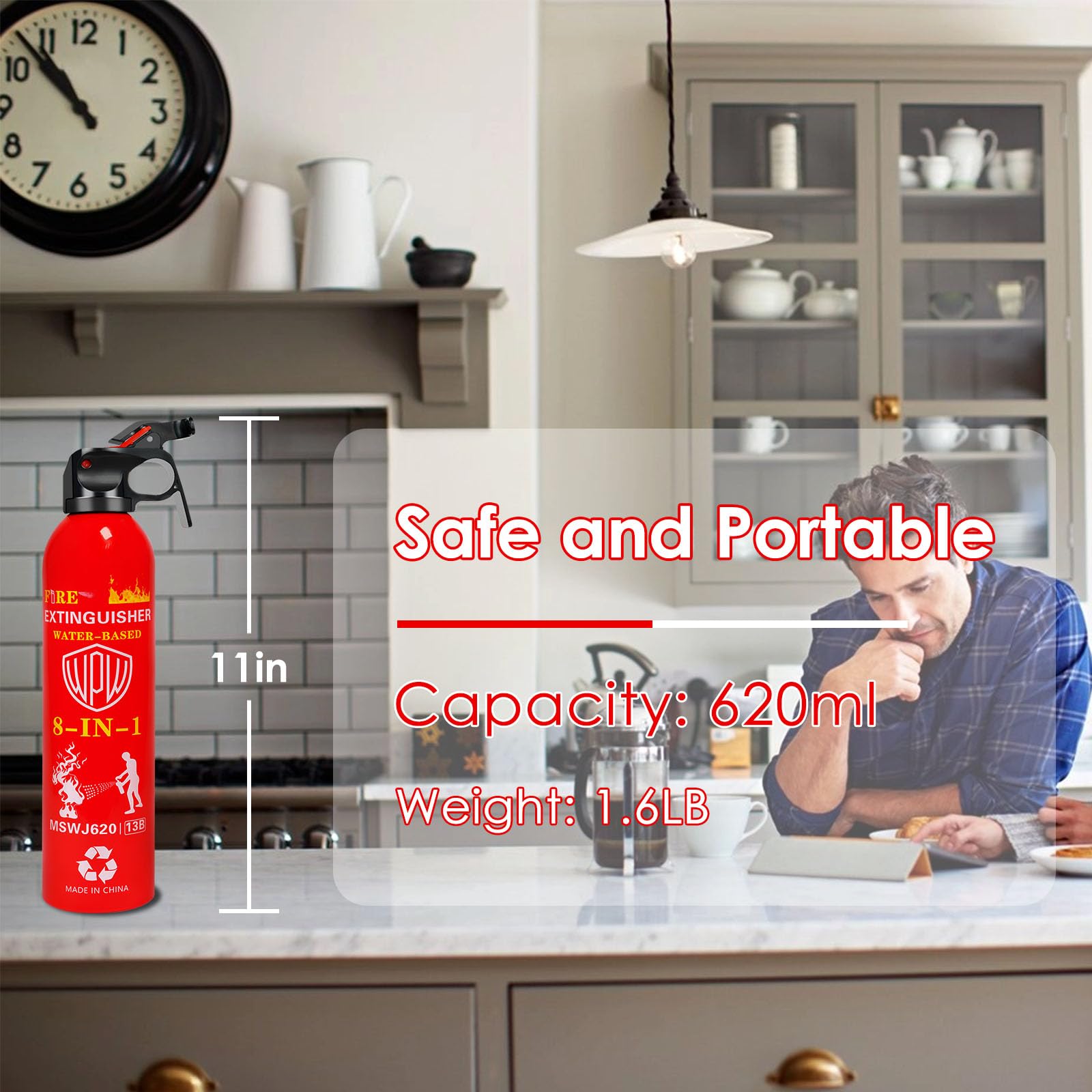 WPW 620ml Large Upgraded 8-in-1 Fire Extinguisher for Home with Wall Mount Portable Fire Extinguisher For Vehicle Car Boat Kitchen Emergency Supplies, Water-Based Solution For A, B, C, K Fire (2 Pack)