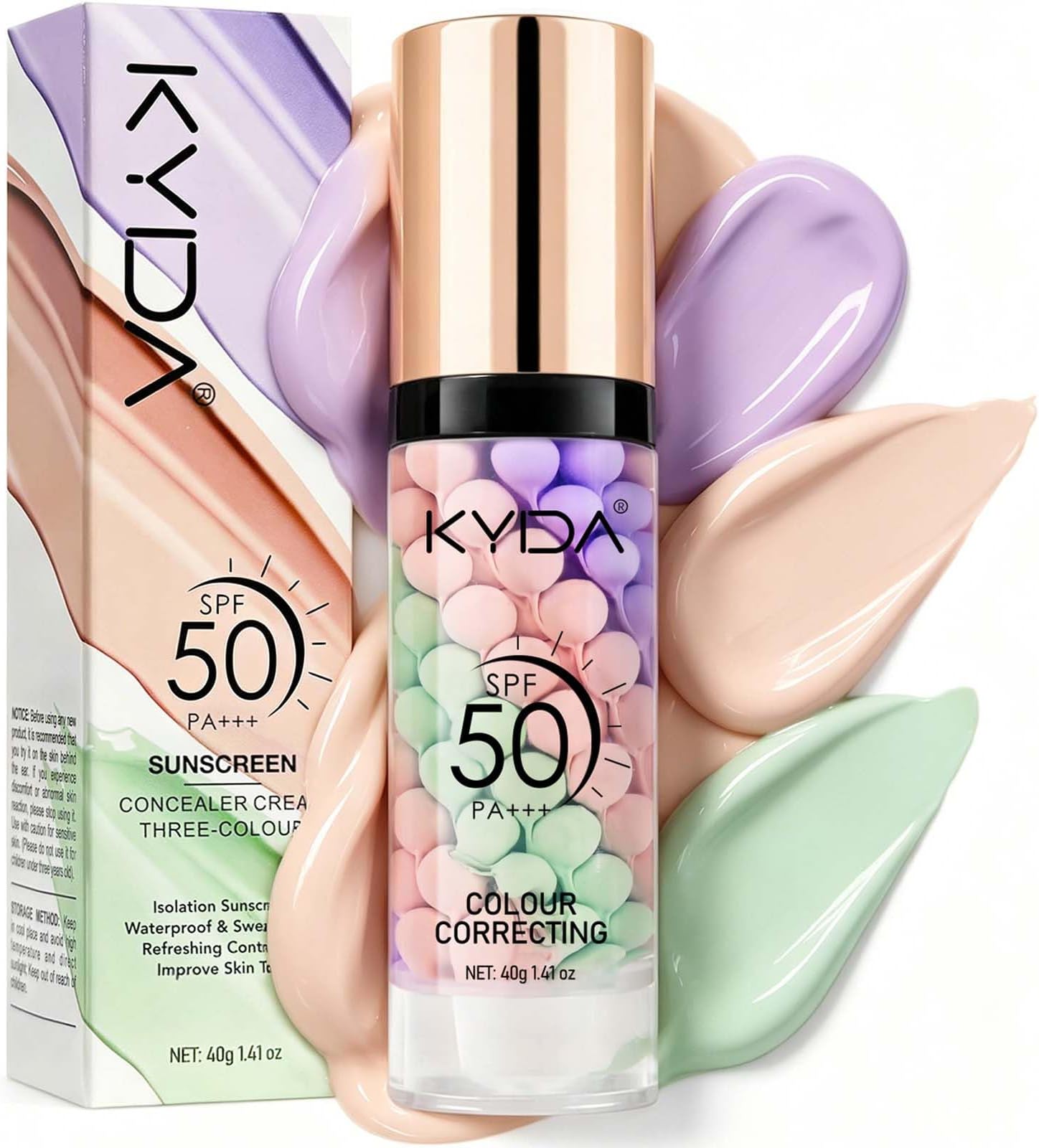 KYDA Color Correcting Face Primer, SPF 50 PA+++, Moisturizing Makeup Primer, One Step Brightening Primer to Even Skin Tone, Oil Control Skin Corrector, Sheer Finish, Refreshing, Purple Pink Green