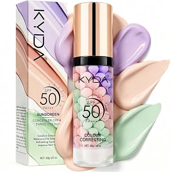 KYDA 3 In 1 Primer for Face Before Makeup,One Step Color Correcting Primer,SPF 50 PA+++ Color Correcting Serum, Moisturizing Makeup Sunscreen Primer, Oil Control Skin Corrector