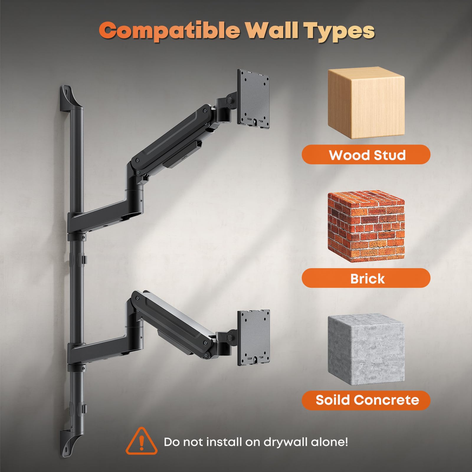 Dual Monitor Wall Mount für 17-49" Ultrawide-Bildschirme, Voll Verstellbarer Gasfeder-Monitorarm,hält bis zu 20 kg pro Arm, VESA 75/100mm, Platzsparende Schreibtischlösung für Büro & Zuhause, Schwarz