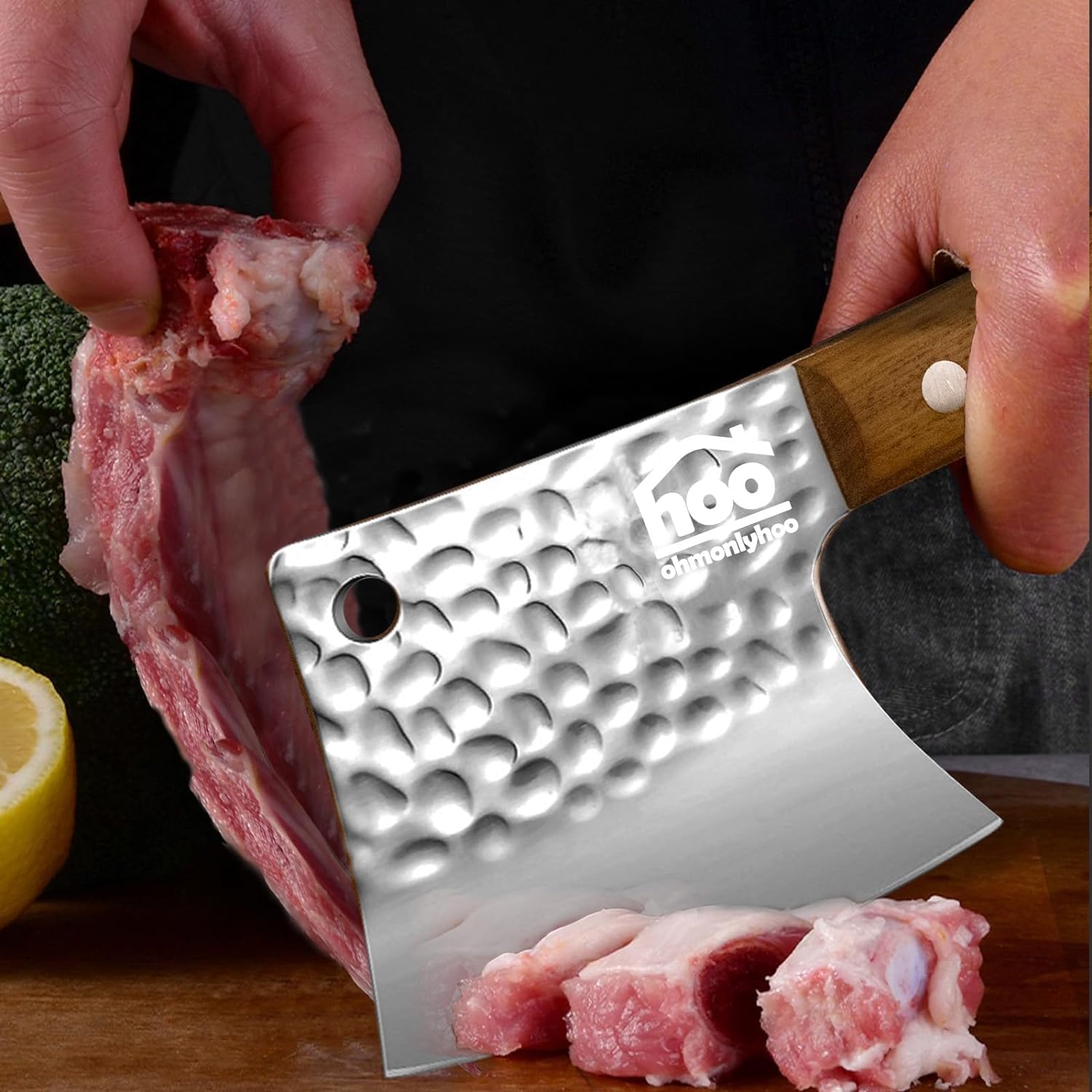 ohmonlyhoo hackmesser, Küchenbeil zum Schneiden von Fleisch und Knochen, Fleischerbeil mit Vollerlgriff aus Birnenholz, für Küche und Outdoor