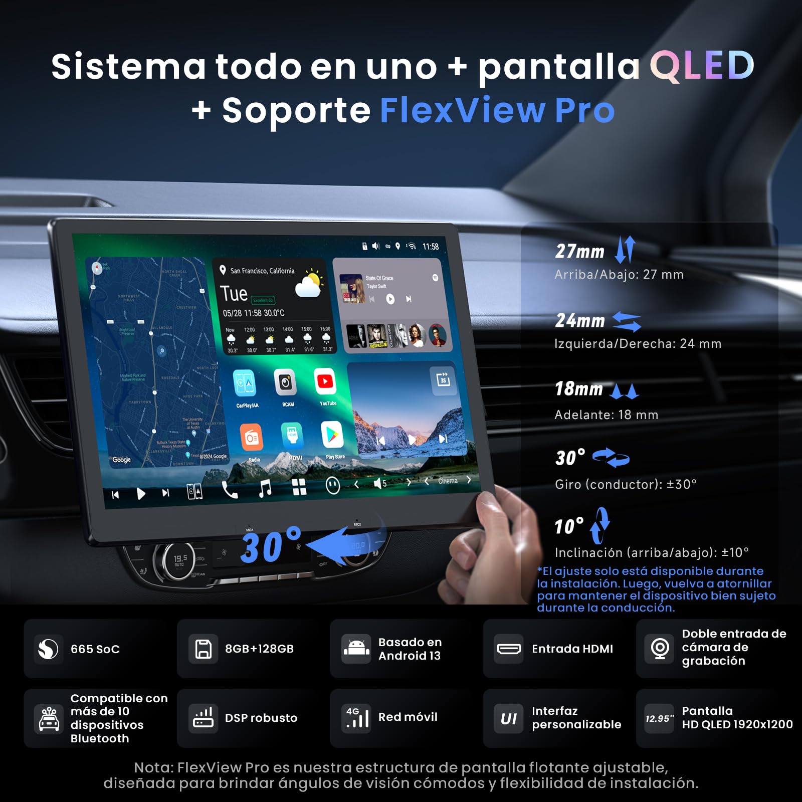 [12.95" QLED] Radio Android 1 DIN y 2 DIN, Agente de IA & Visión IA, Pantalla Flotante Coche, Alerta Golden Hour, 8G+128G, 4G LTE, CP y AA Inalámbricos, Salida óptica S/PDIF & Entrada HDMI, X10G129E