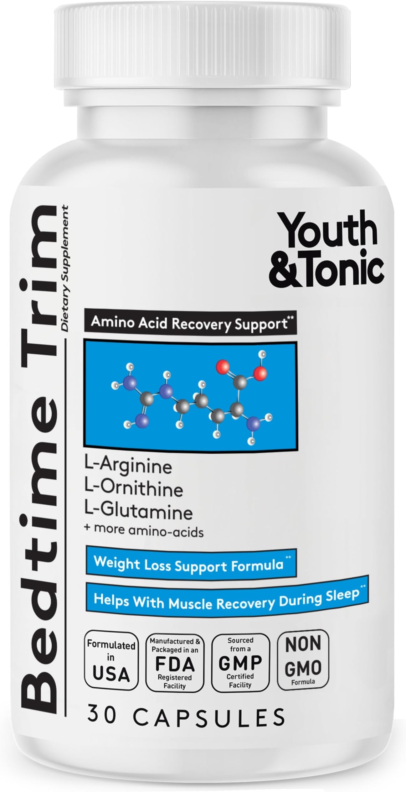 Youth & Tonic PM Bedtime Trim for Lean Appearance & Muscle Definition Support – Nighttime Amino Acids Supplement for Overnight Recovery, Men & Women, 30 Capsules
