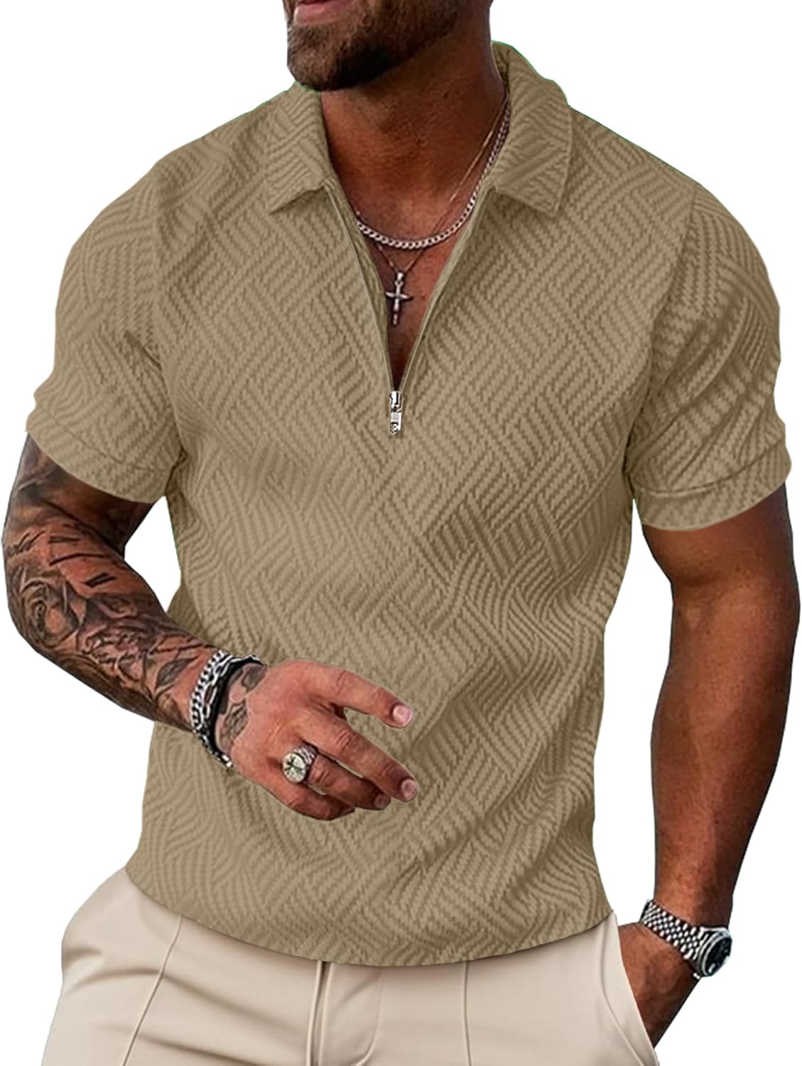 UOUA Men's Zipper Polo Shirts Short Sleeve Sweatshirts Soild Color Tops Striped Texture Casual Golf T