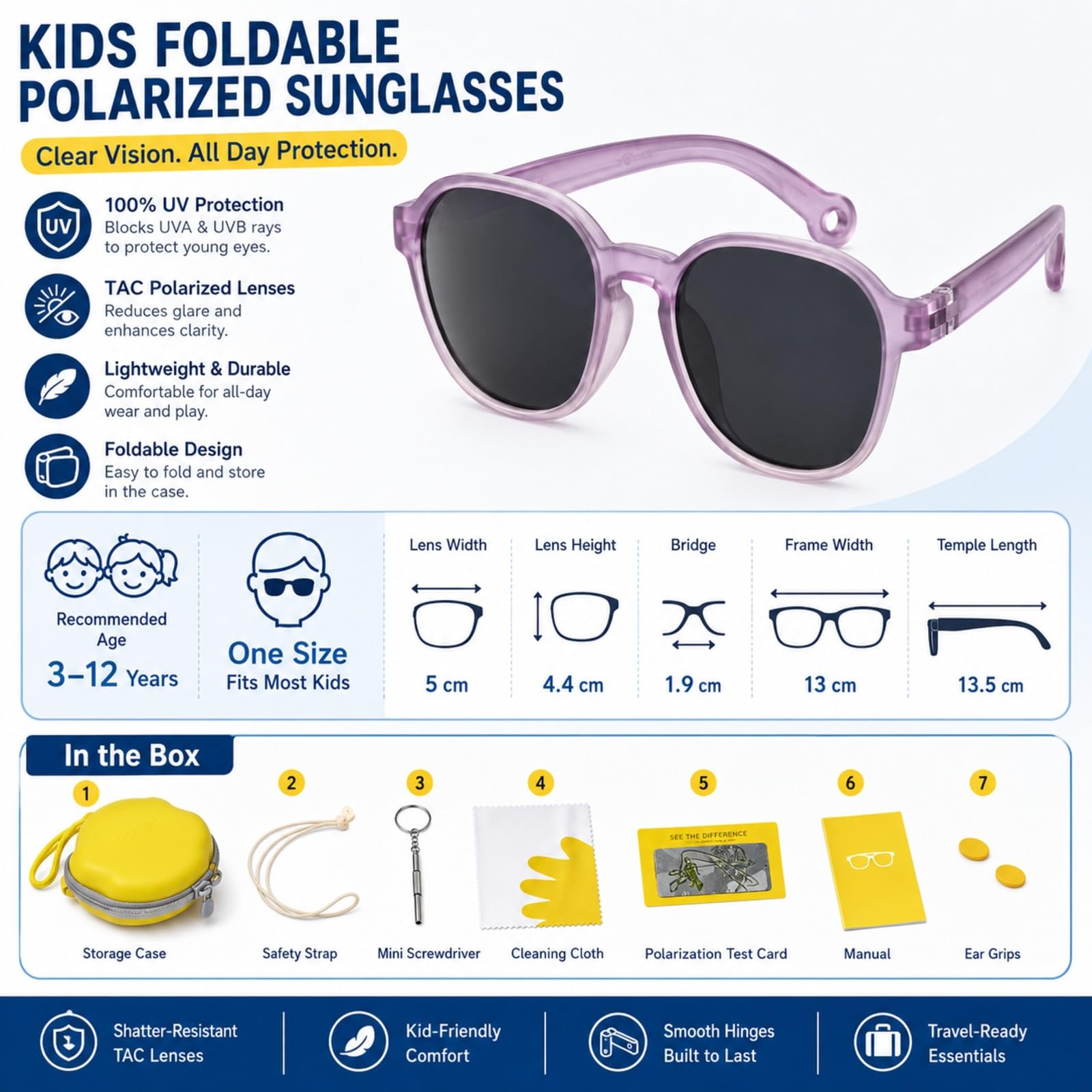 LVJMJ Składane polaryzacyjne okulary przeciwsłoneczne dla dzieci UV400 TR90 - TAC soczewki okulary przeciwsłoneczne dla chłopców dziewcząt w wieku 3-12 lat z etui i paskiem