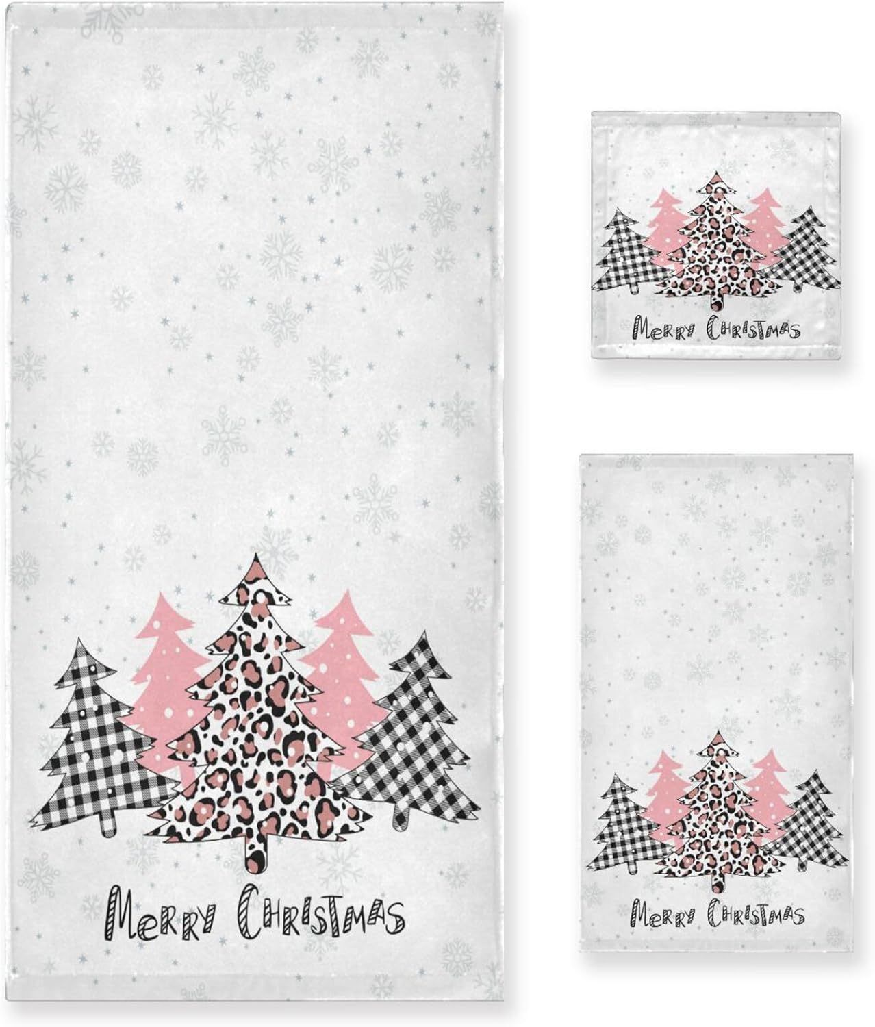 Pfrewn Plaid Pink Christmas Tree Towels Set of 3 Winter Forest Leopard Tree Grey Snowflakes Bathroom Towel Soft Absorbent Bath Hand Towels Washcloth Guest Towel Sets Xmas Holiday Decor