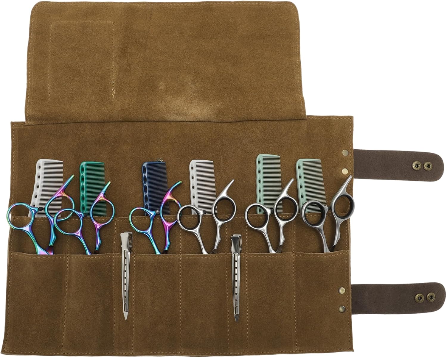 VOCOSTE Barber Scissors Bag Roll Up, Durable & Foldable Salons Tool Pouch with Multi-Pockets, Hair Scissor Shears Cases for Hair Stylists, Coffee Color