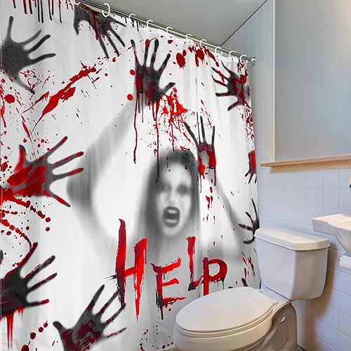 Miniatura 7 de Cindeer Cortina de ducha de Halloween, manos sangrientas aterradoras, diseño de fantasma, cortina de baño de poliéster impermeable con ganchos, 71 x