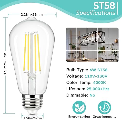 Miniatura 2 de Brightever Bombillas LED Edison vintage equivalentes a 60 vatios, 6 W ST58 súper brillantes 4000 K luz blanca neutra, estilo vidrio transparente,