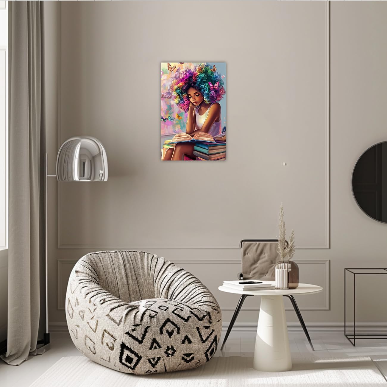 AWPANERAR Black Girl Reading Book Wall Art African American Canvas Print Butterfly Girl Picture Fashion Black Girl Poster for Boho Teen Girls Bedroom Decor Framed (Pink, (18L x 12W))