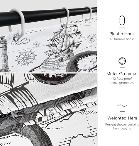 Miniatura 5 de DESIHOM Juego de cortinas de ducha de pulpo náutico gris, divertidas cortinas de ducha Kraken de océano para baño, decoración de mapa pirata costero