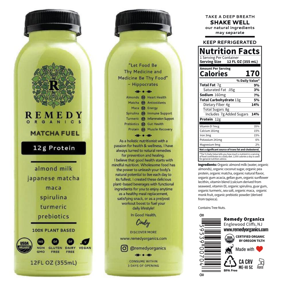 Remedy Organics Matcha Fuel 12-Pack | Plant Based 20g Protein Shakes, Ready to Drink | USDA Organic, Gluten Free, Dairy Free, Soy Free