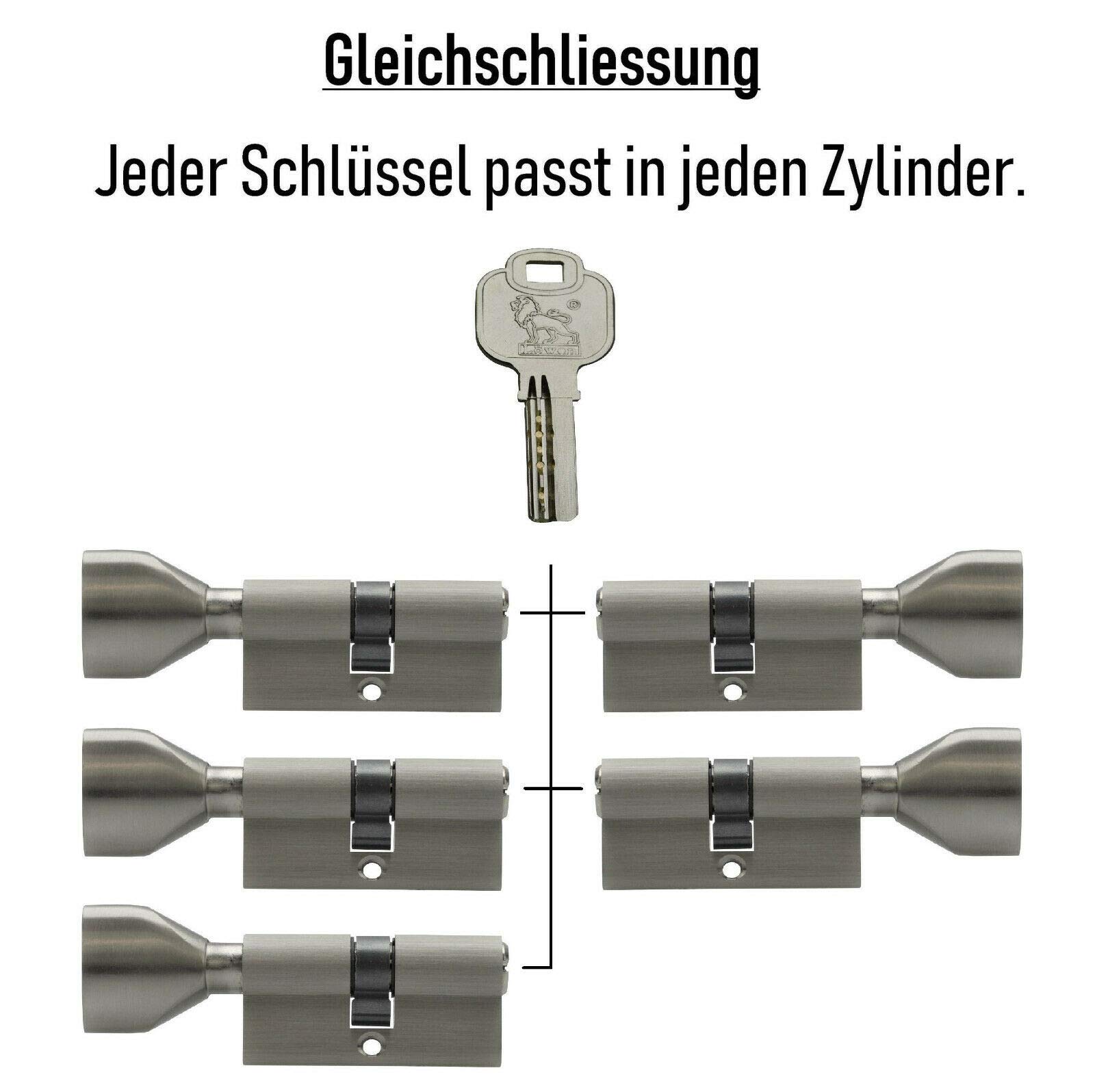 5x gleichschliessend Tür Zylinder 60mm Knaufzylinder 30/30 mit 10x Schlüssel KSN