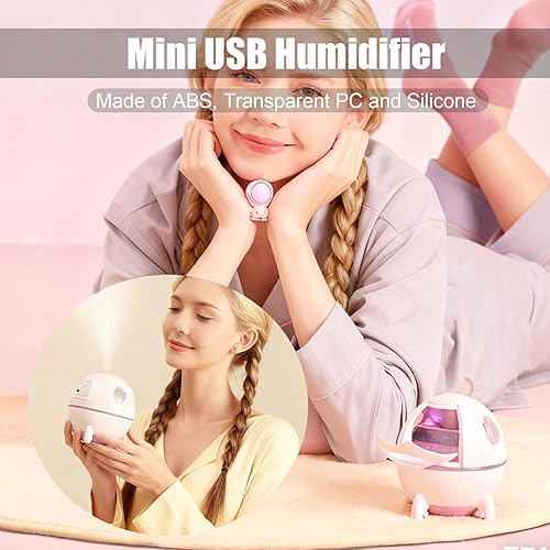 Miniatura 6 de Humidificadores de niebla fría, mini humidificador USB, lindo humidificador en forma de nave espacial, humidificador portátil de luz ambiental para