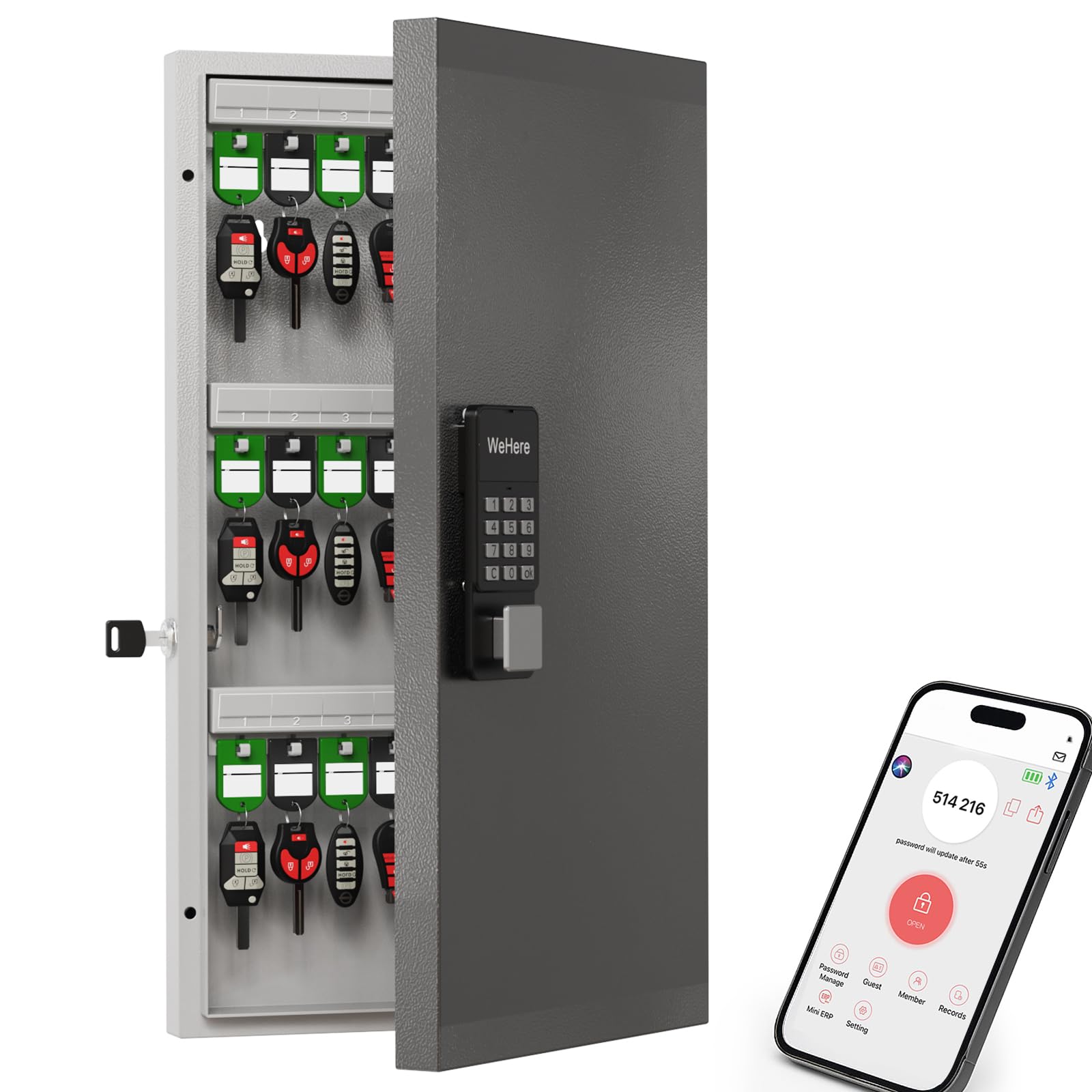 WeHere Smart Key Lock Box Wall Mount, 48 Key Cabinet with Bluetooth, 5-Ways Unlocking App Customizable Passwords, Key Organizer Holder Box, Efficient