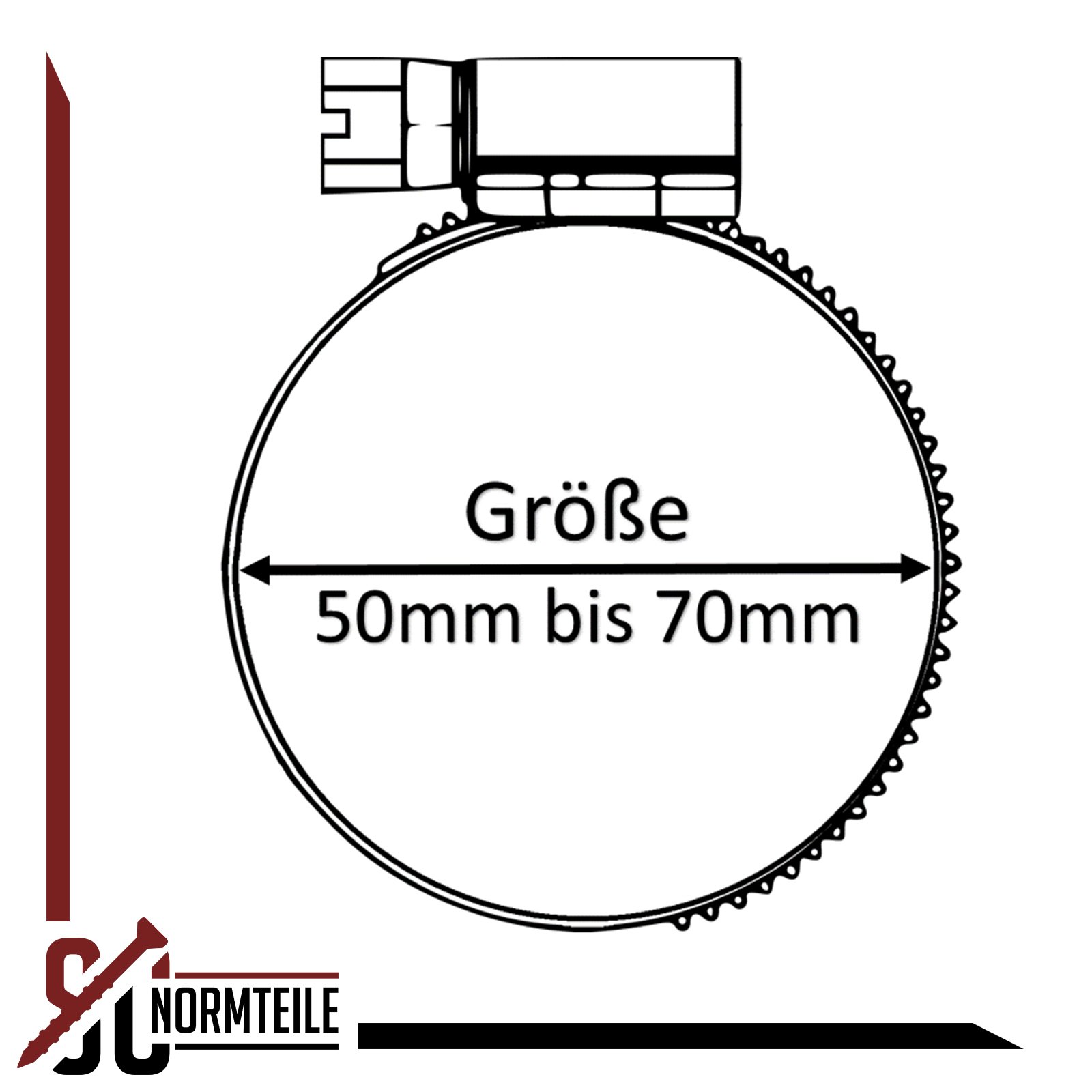 Schlauchschellen 50-70 mm Spannbereich aus Edelstahl A2 V2A (W4) nach DIN 3017 mit Schneckenantrieb - 9mm Bandbreite - Industriequalität - SC-Normteile [ VPE: 100 Stück ]
