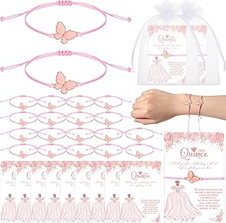 Wenqik 50 Sets Quinceanera Party Favors for Guests Butterfly Wish Bracelet with Thank You Cards and Organza Gift Bags Quinceanera Gift for Sweet 15 Year Birthday Supply Recuerdos De Quinceañera (Pink)