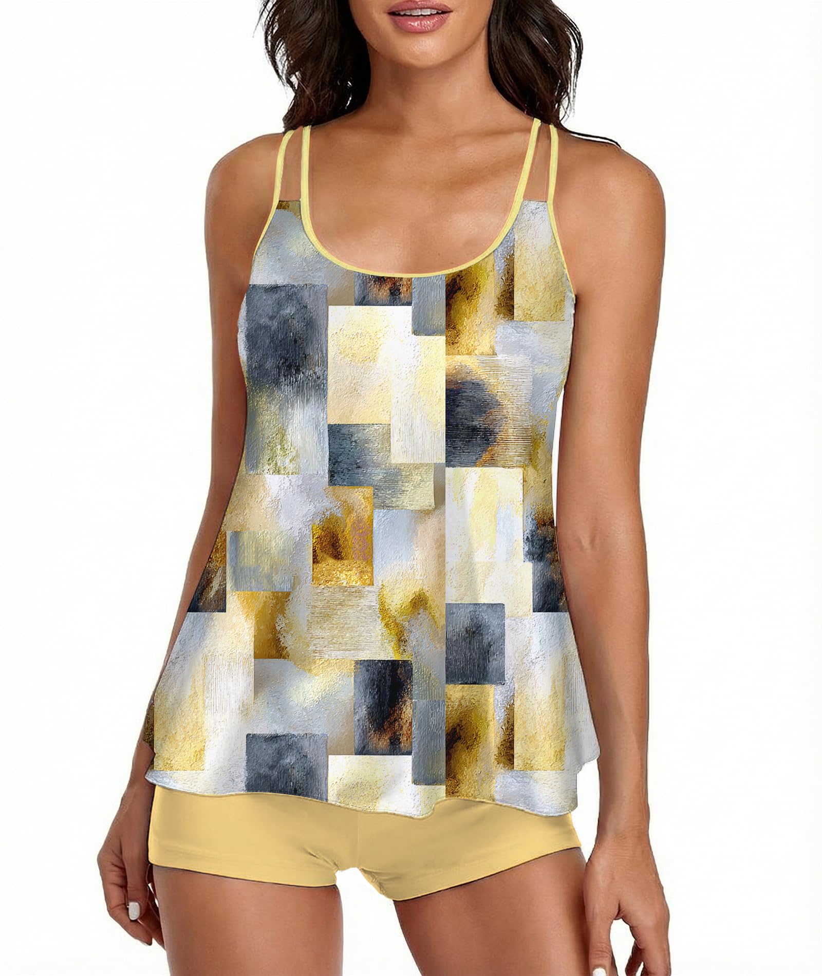 Urchics 2026 Women Two Piece Tankini Swimsuit Tummy Control Plus Size Long Torso Top and High Waisted Boyshorts Bathing Suits