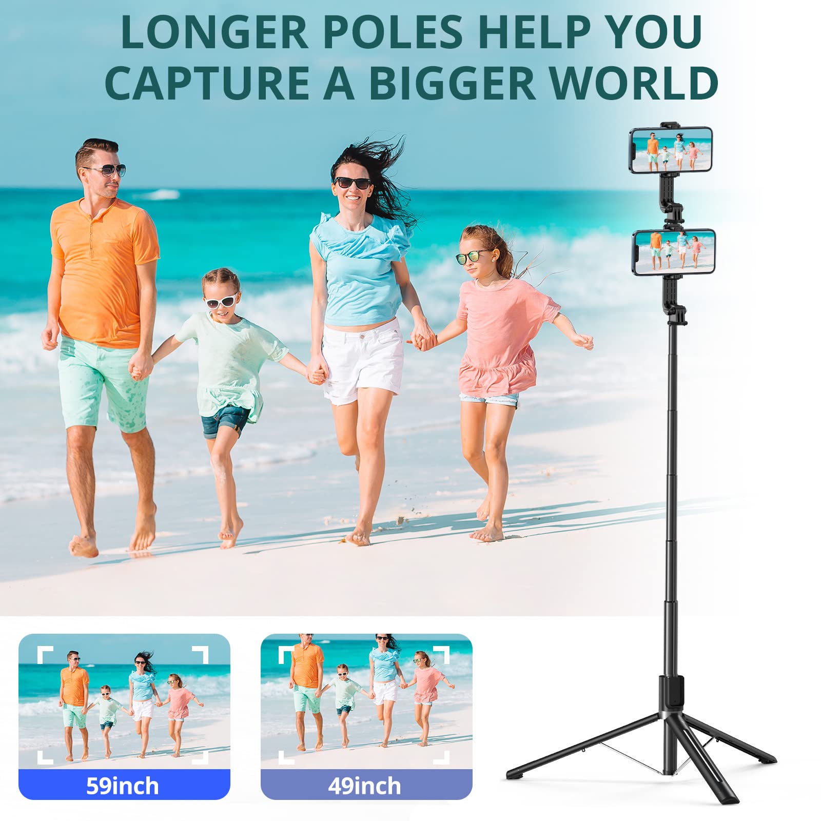 ATUMTEK Kijek do selfie ze zdejmowanym pilotem zdalnego sterowania Bluetooth, 150 cm, wysuwany kijek do selfie do iPhone'a i systemu Android, nagrywanie wideo, blogowanie i transmisja na żywo