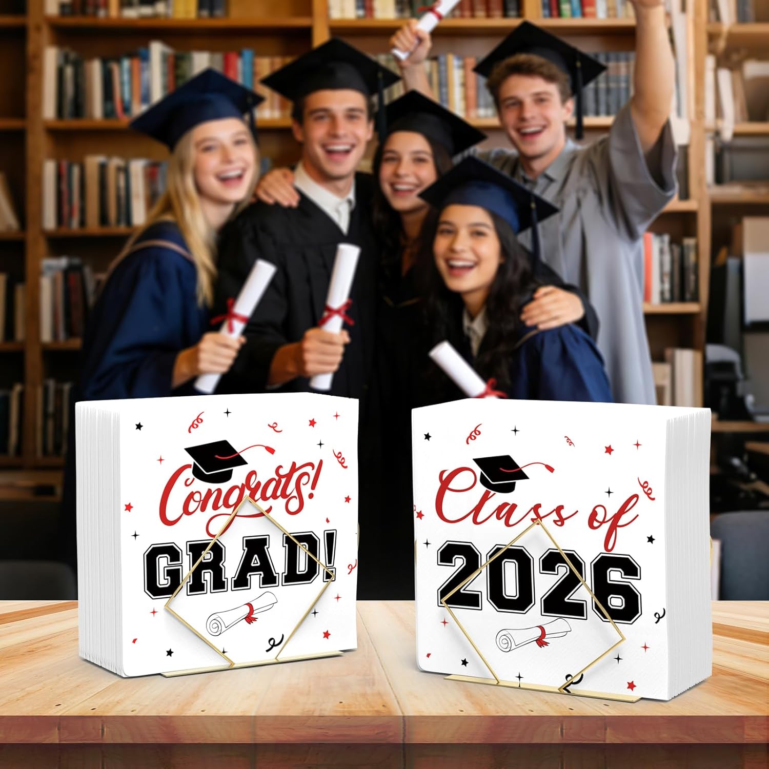 Class of 2026 Graduation Napkins, 3-Ply Disposable Congrats Grad Paper Napkins for Dinner and Cocktail Party Decorations, School and College, 6.5-Inch Square (200, Black Red)