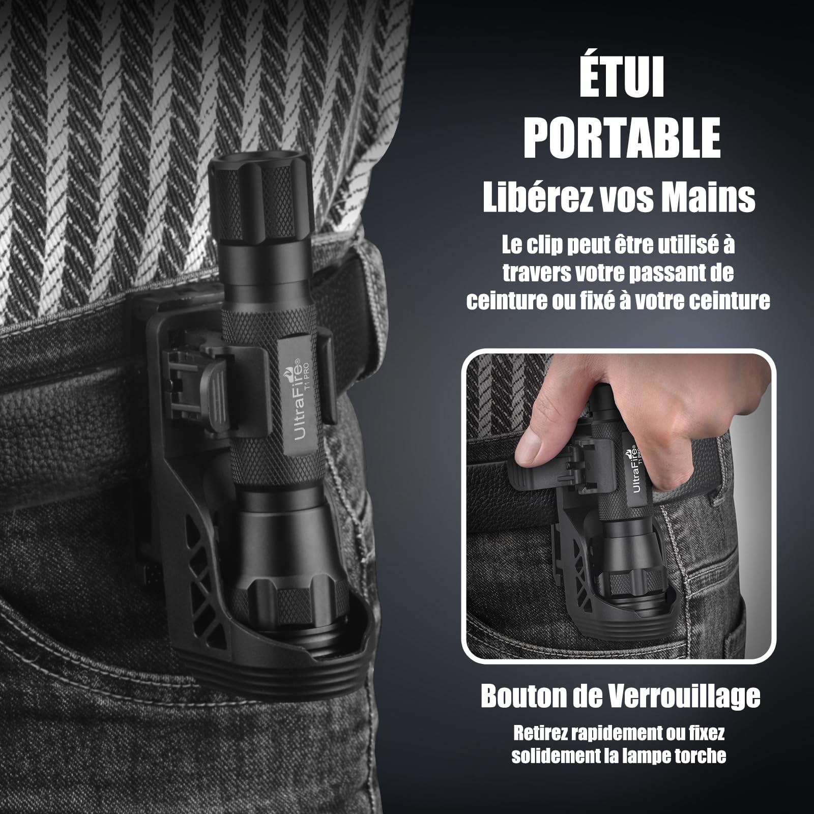 ULTRAFIRE T1 PRO Lampe torche tactique à LED avec étui de ceinture, 1000 lumens, mode unique, petite lampe de poche avec support de lampe de poche pour ceinture de service, torche de police pour