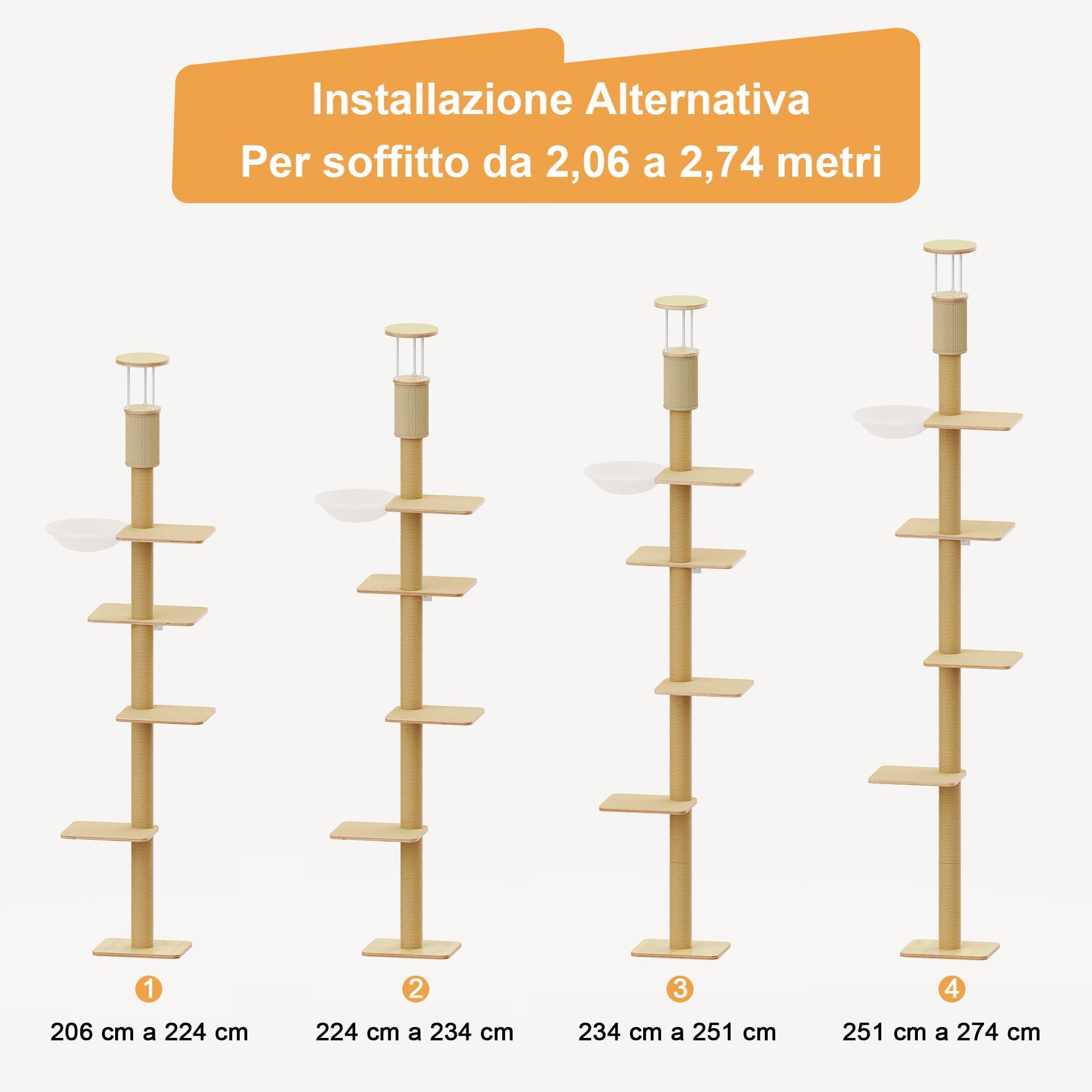 FUKUMARU Torre Tiragraffi per Gatti da Parete, Altezza Regolabile (205-270cm),Tiragraffi da Arrampicata al Soffitto a 4 Livelli, Albero con Colonna Tiragraffi di Sisal, Mensola e Amaca per Gatti
