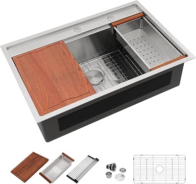 Dcolora 36 Inch Large Single Bowl Drop-In Kitchen Sink Workstation - Stainless Steel Topmount With Accessories (Cutting Board, Drying Rack, Colander)