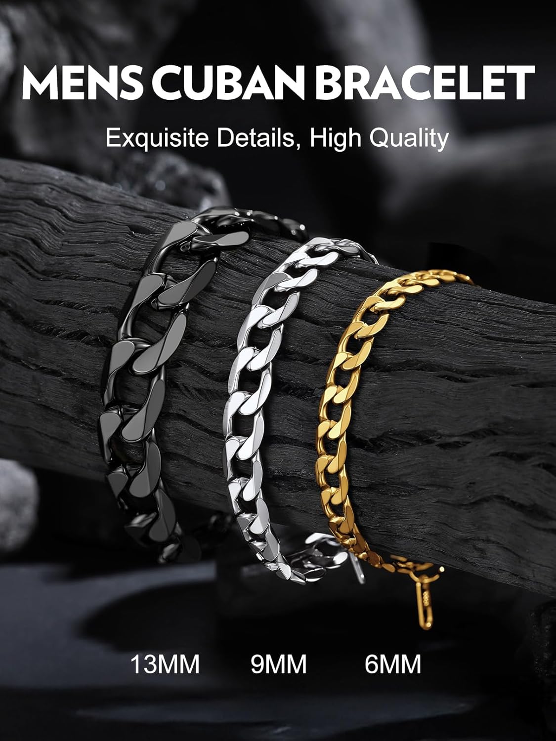 Bandmax Cuban Link Bracelet 9mm Black/Silver Tone/ 14K Gold Plated Stainless Steel Chain Bracelets for Men Women, 7.5/8.3 Inch Mens Wrist Bracelets Hip Pop Jewelry - Image 9