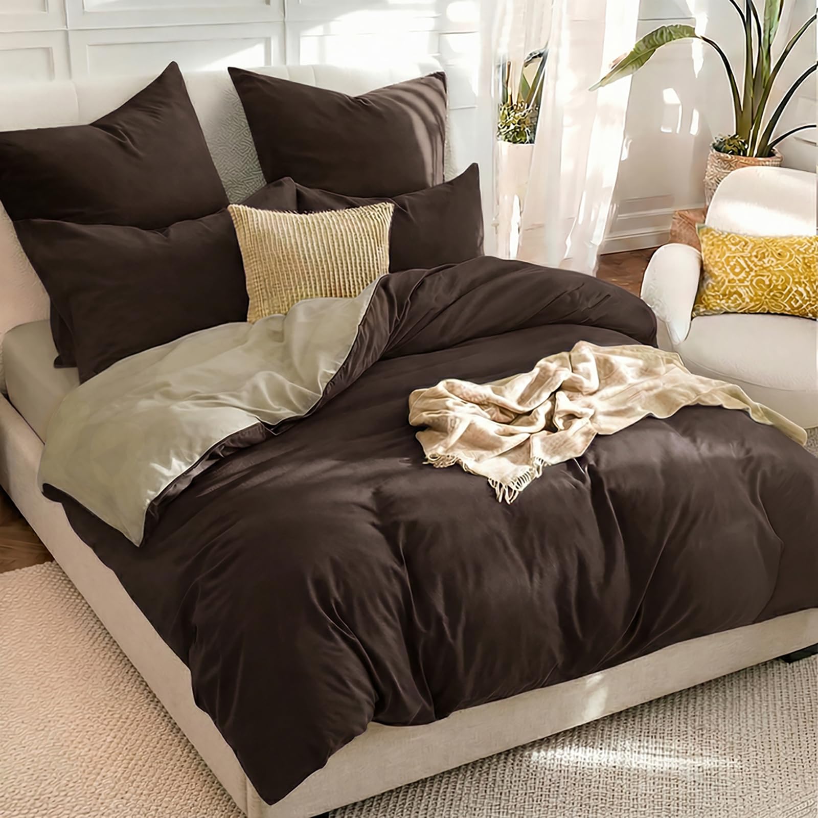 RUIKASI Brown Super King Duvet Cover Sets Khaki - Reversible Brown Duvet Set Superking Bedding Set with Zip, Soft Brushed Microfibre Bed Set Quilt Cover with 2 Pillowcases