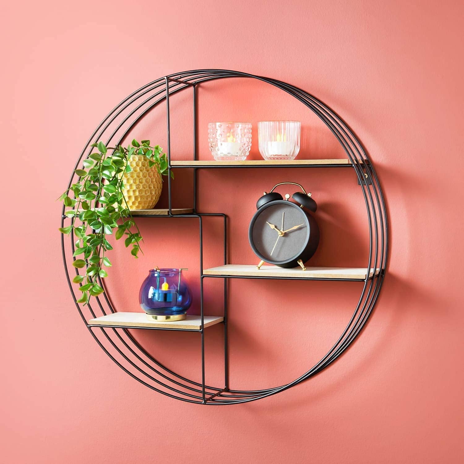 Black Metal Circle Round Wall Unit with Wooden Shelves Industrial Style