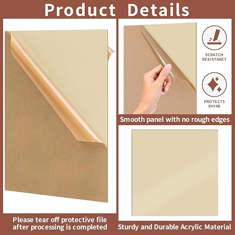 1/8 Thick 8 x 8 inch Acrylic Sheets - 4 Pack Plexiglass Sheets for Creative DIY Projects Laser Cutting Engraving UV Printed Signs Crafts Badges, Beige