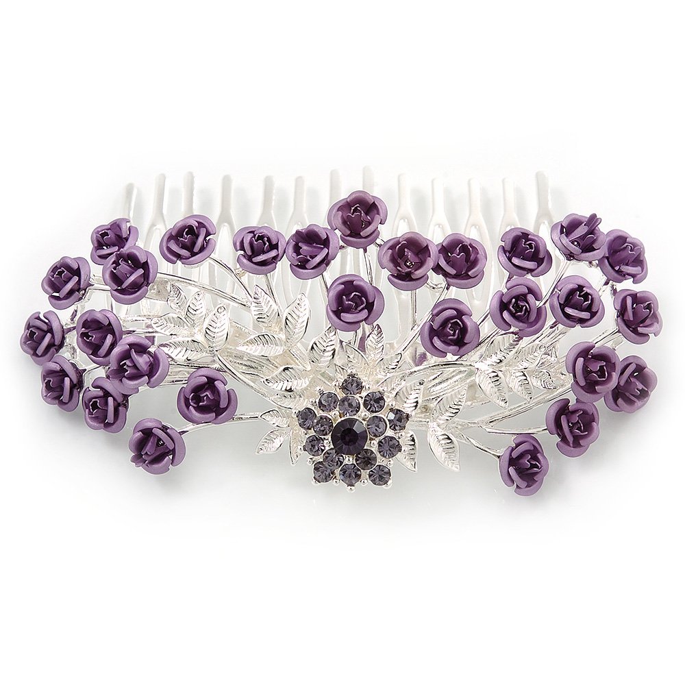 Purple Crystal 'Rose' Side Hair Comb In Silver Tone - 95mm W