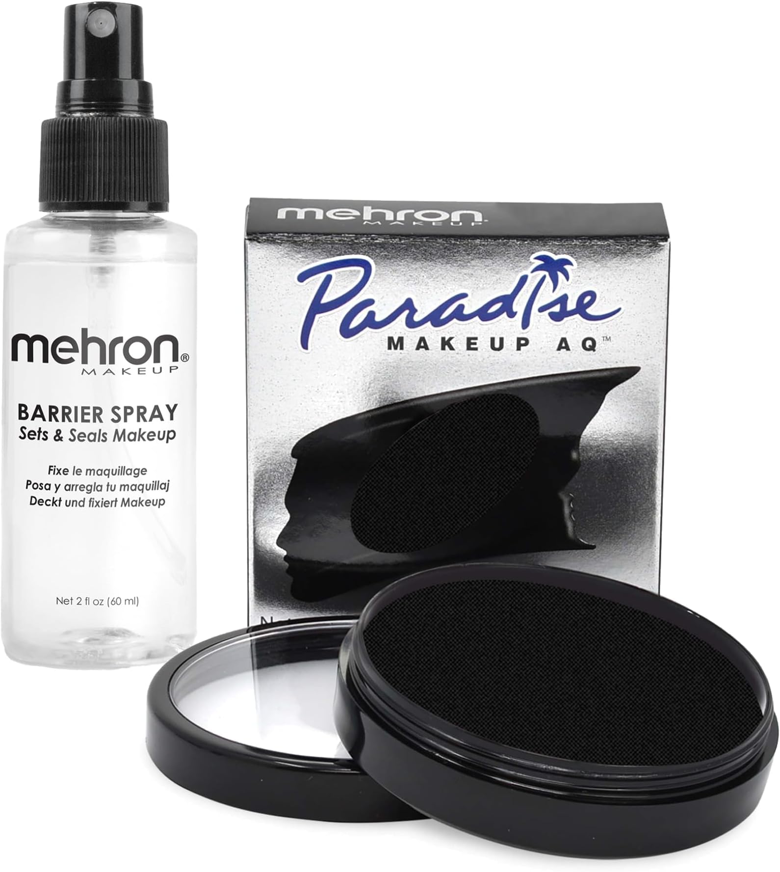 Makeup Paradise AQ & Barrier Spray Combo Pack | Before & After Setting Spray for Makeup 2 fl oz (60 ml) Plus Pro Size Water Activated Face Paint & Body Paint 1.4 oz (40 g) (Black)