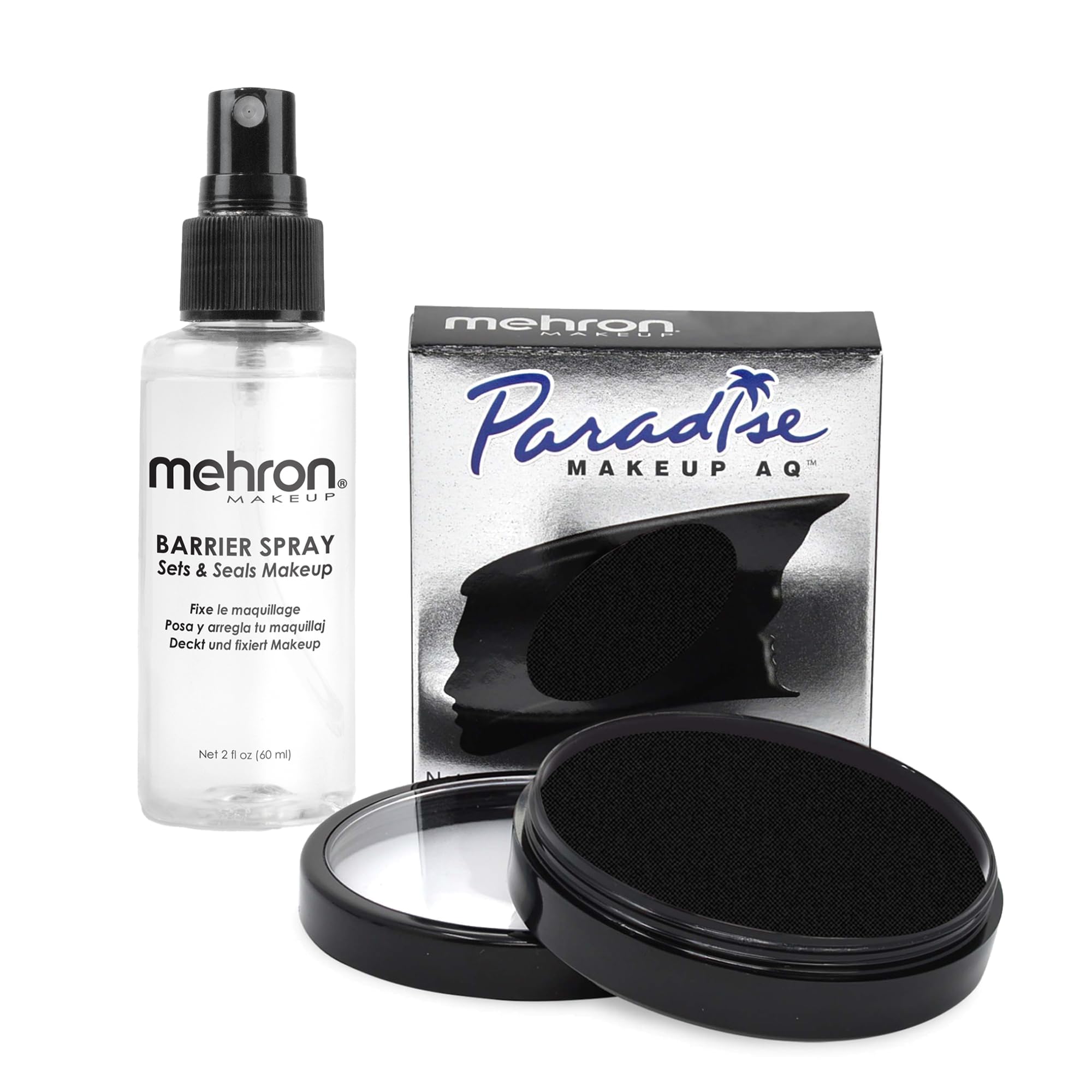 MehronMakeup Paradise AQ & Barrier Spray Combo Pack | Before & After Setting Spray for Makeup 2 fl oz (60 ml) Plus Pro Size Water Activated Face Paint & Body Paint 1.4 oz (40 g) (Black)