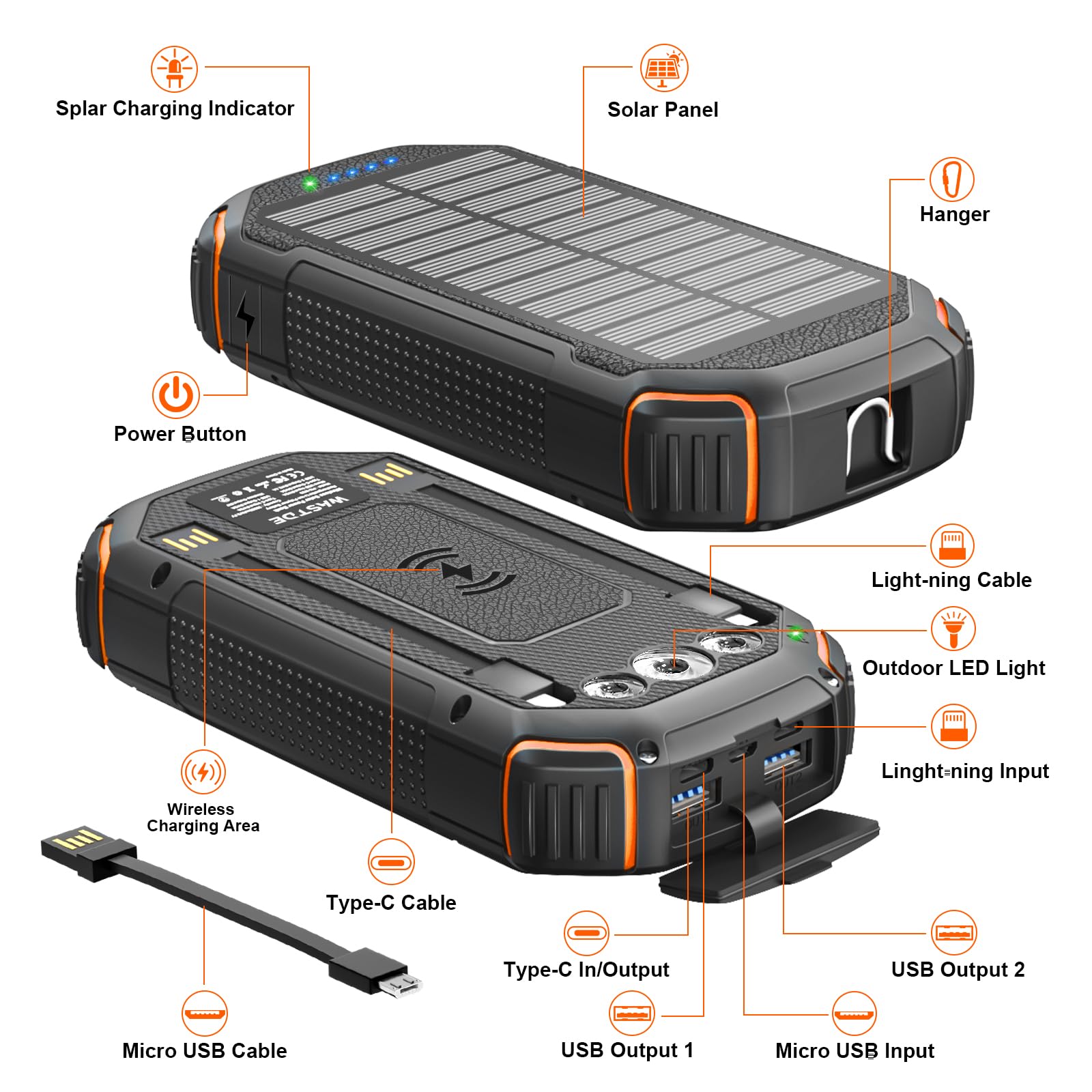 Senza fili Power bank Solare da 26800mAh con 3 Cavi Integrati e Luci da Campeggio, USB-C PD 15W 3A con 4 Uscite e 3 Ingressi, power bank Solare per iPhone, Samsung, Smartphone