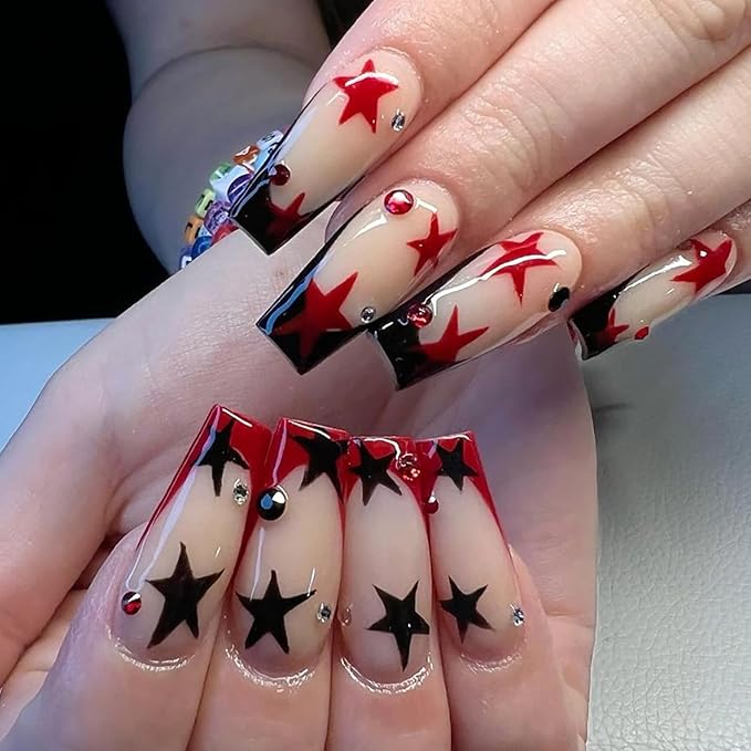 Y2K Goth Nails: 🖤 Red & Black Star Press-On Nails