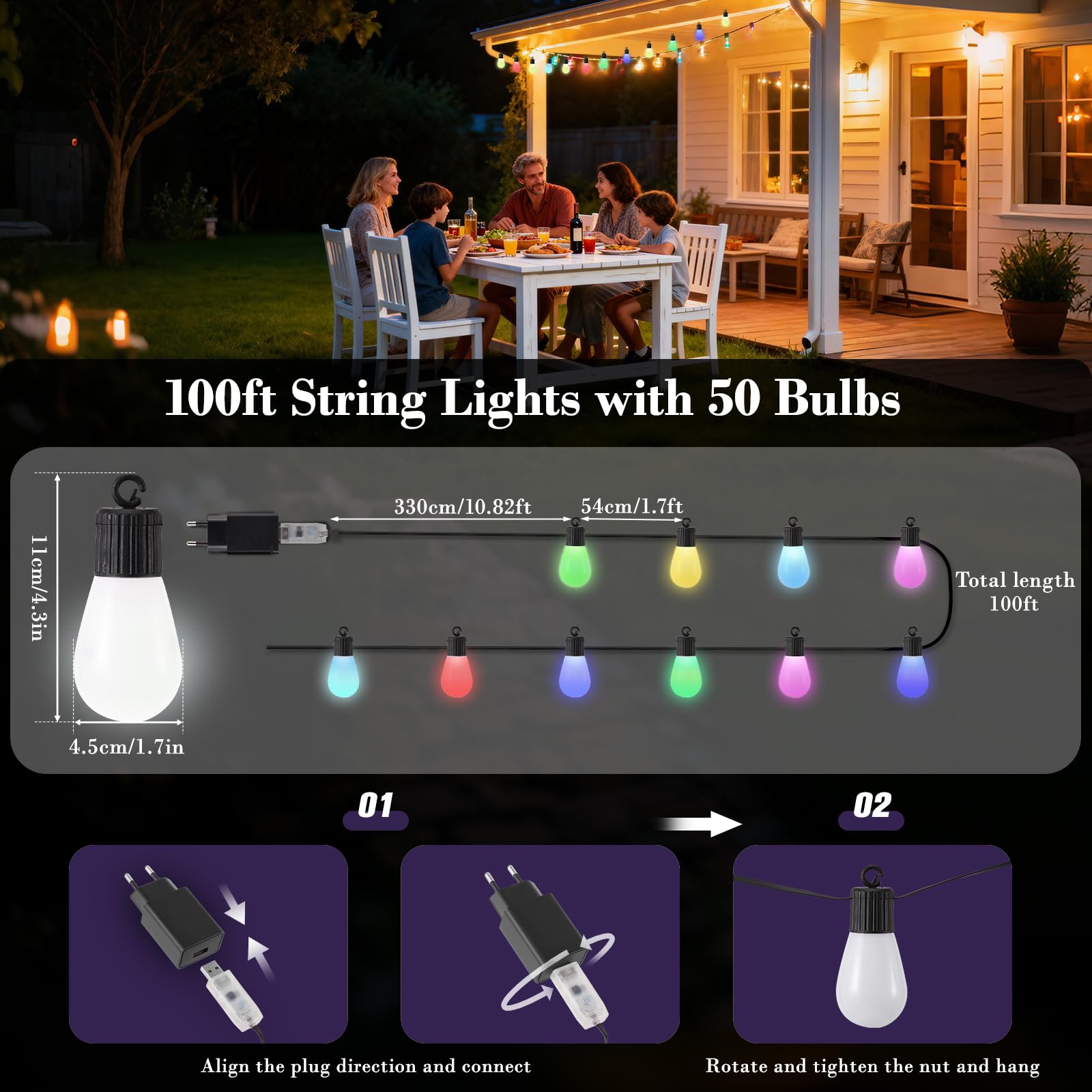 Lichterkette für den Außenbereich, Lichterkette mit bunten Kugeln, 50 LEDs, für den Außenbereich, 30 m, zur Dekoration von Halloween, Balkon, Garten, Party