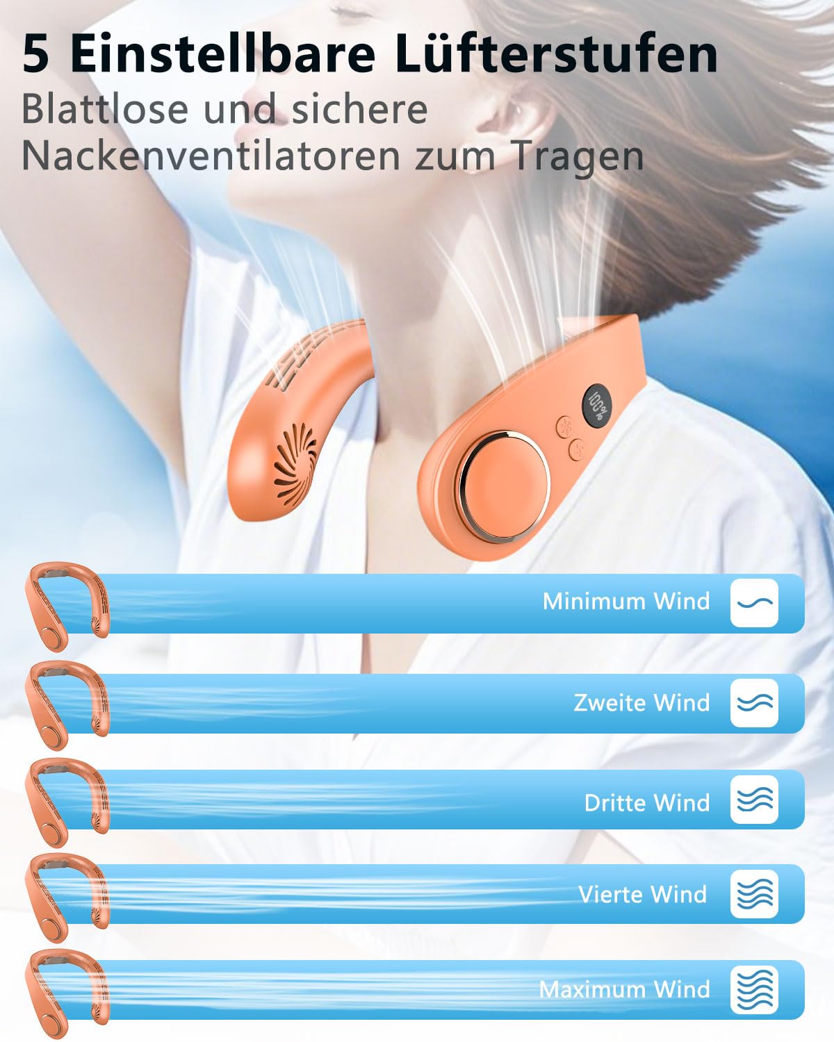 Kouric Hals Ventilator mit Kühlung,5500mAh Tragbarer Ventilator zum Umhängen,Air Conditioner Portable Fan Orange