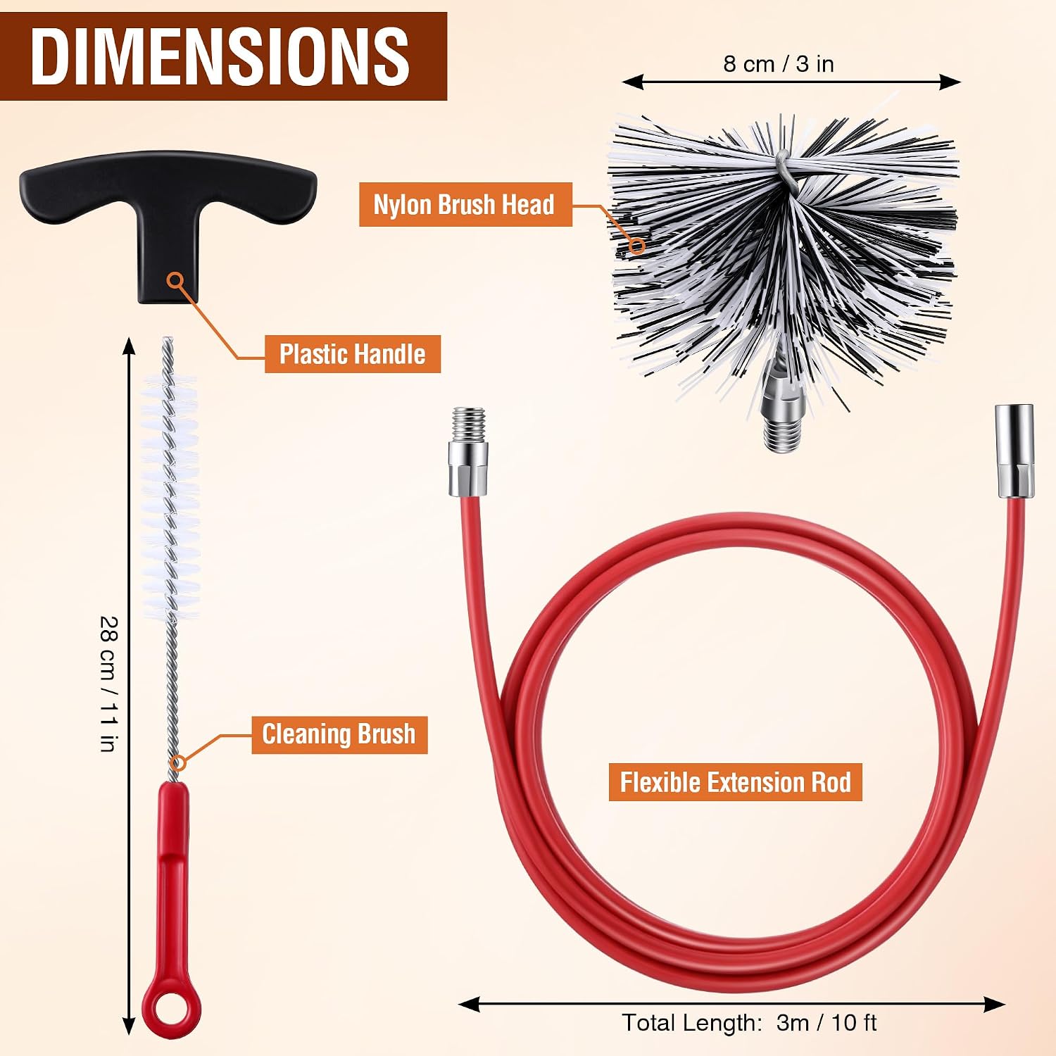 3 Inch Pellet Stove Pipe Cleaning Brush Kit, 10 FT Flexible Steel Rod