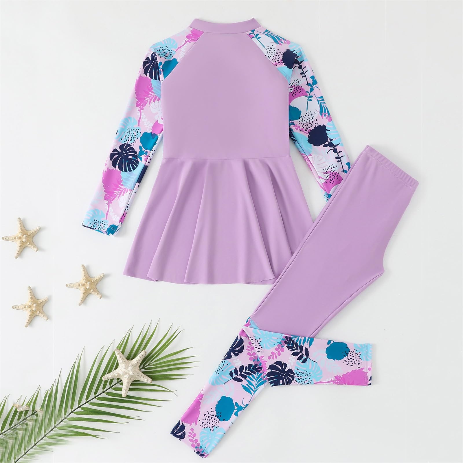 Enfant Fille Maillot de Bain Musulmane Anti UV Tenue Manches Longues avec Pantalon de Bain Burkini Combinaison Natation Plage Surf