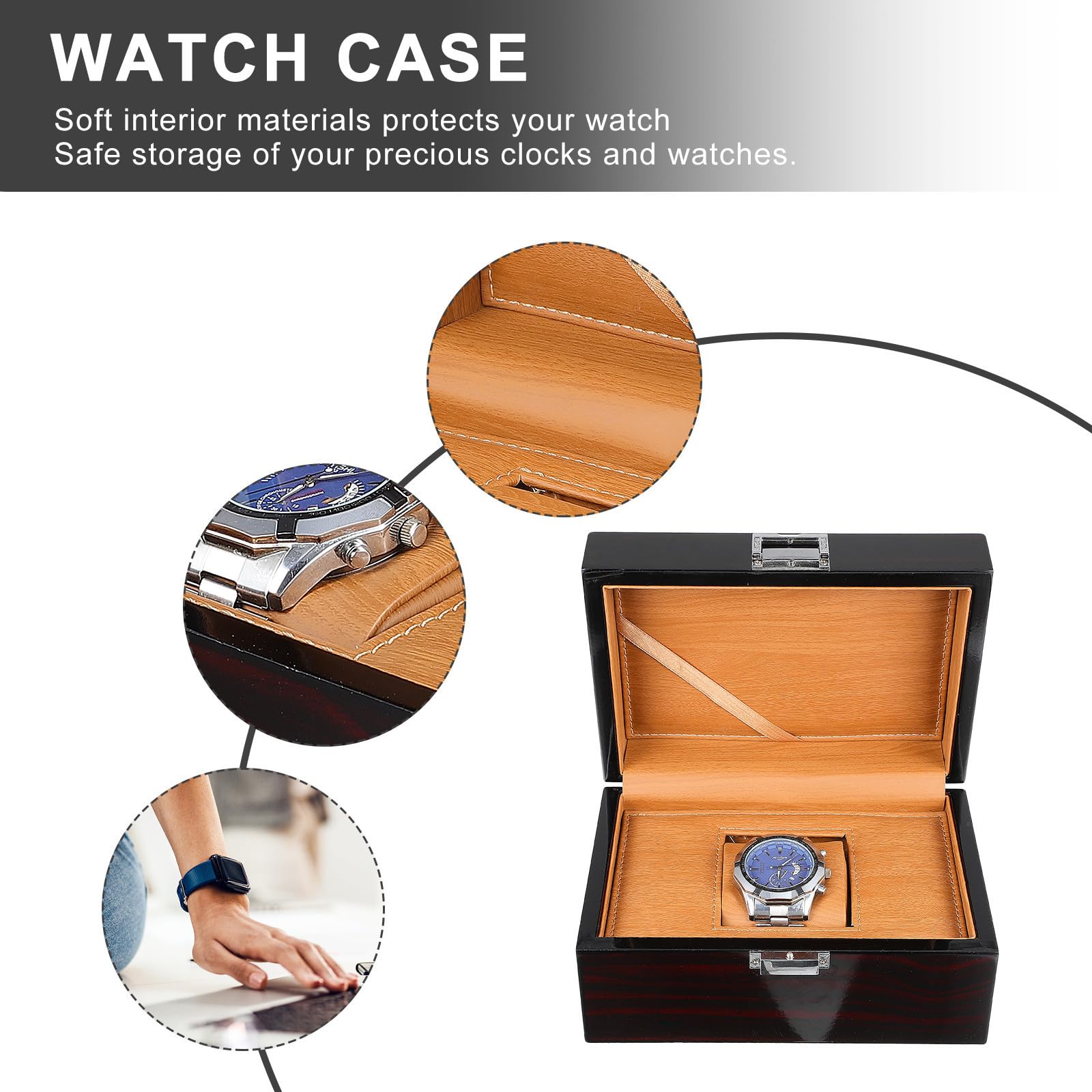 SOLUSTRE Elegante Uhrenbox Wasserfestem Leder mit Feiner Struktur aus Lackiertem Holz und Schmuckaufbewahrungsbox für Stilvolle Uhrenpräsentation Zuhause