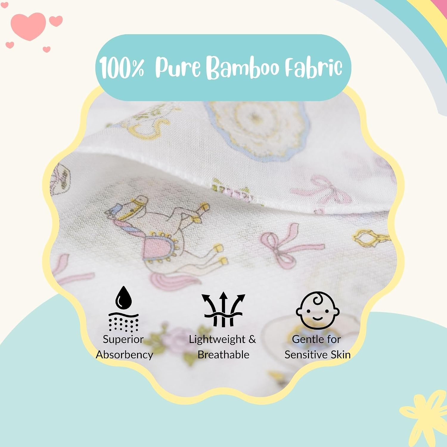Carousel Bamboo Baby Washcloths, 100% Bamboo, 13.8 x 13.8 in, Ultra Absorbent, High-Density Soft Weave, Soft Newborn Burp Cloths, Made in Korea, 10-Pack