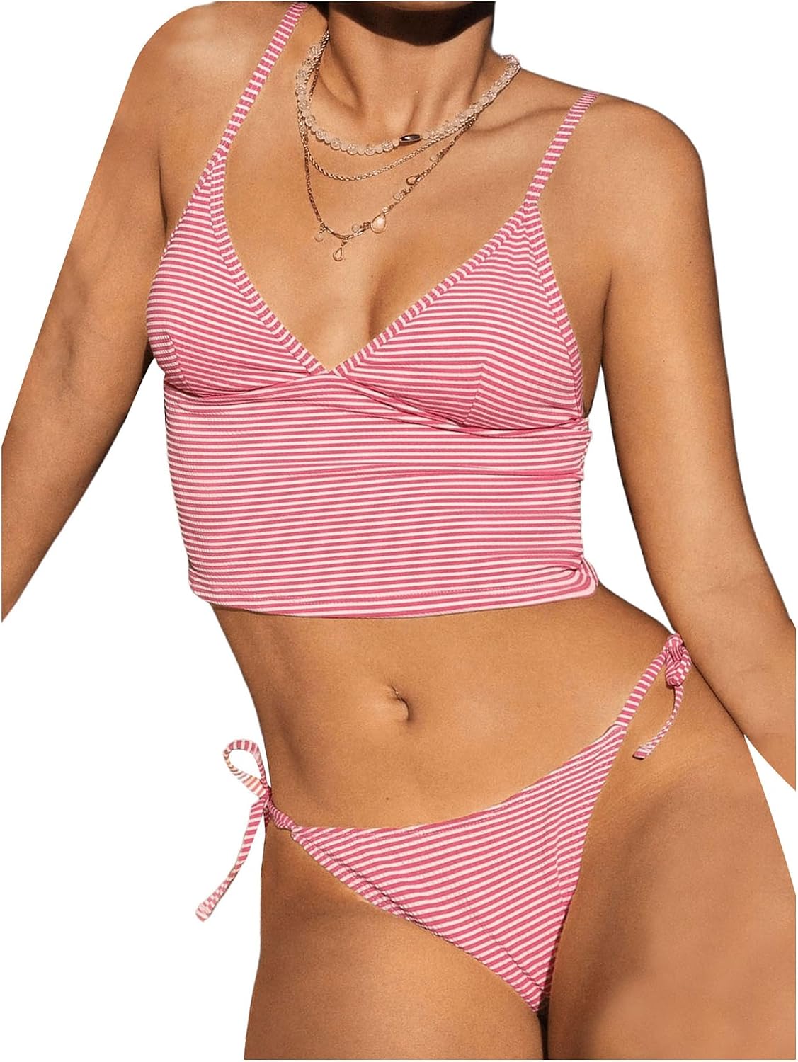 Floerns Women's 2 Piece Striped Print Tankini Set V Neck Tie Side String Beach Bathing Suits