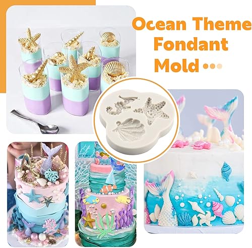 Miniatura 4 de Molde para pastel de fondant con temática marina, sirena, concha, concha, coral, algas marinas, tortugas marinas, delfín, molde de silicona para