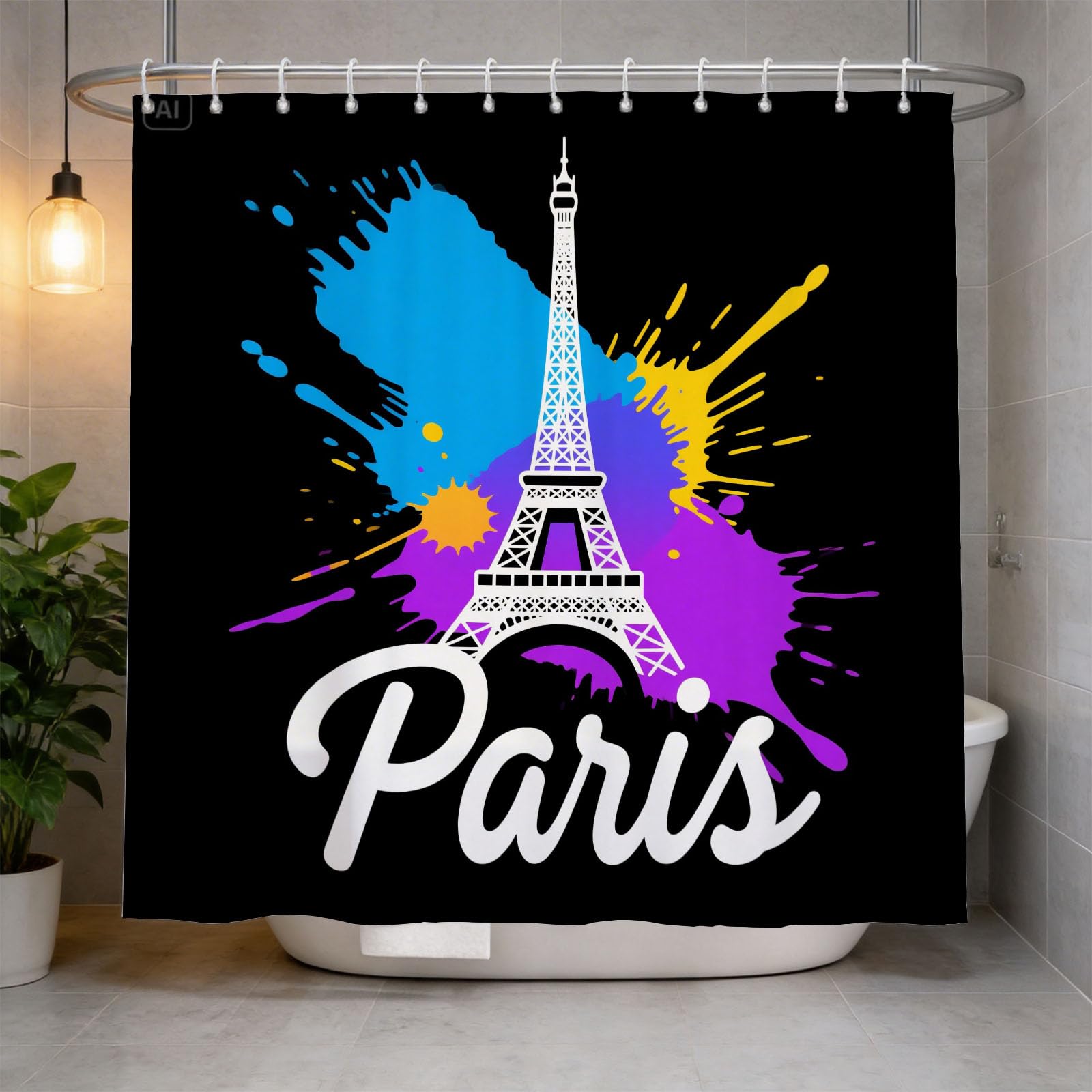 Hongduo 3D Eiffel Tower Shower Curtain for Stalls Bathtubs Color Gradient Bathroom Decor Shower Curtain Set Polyester Fabric Waterproof 180x180cm/71X71 Inch with Hooks