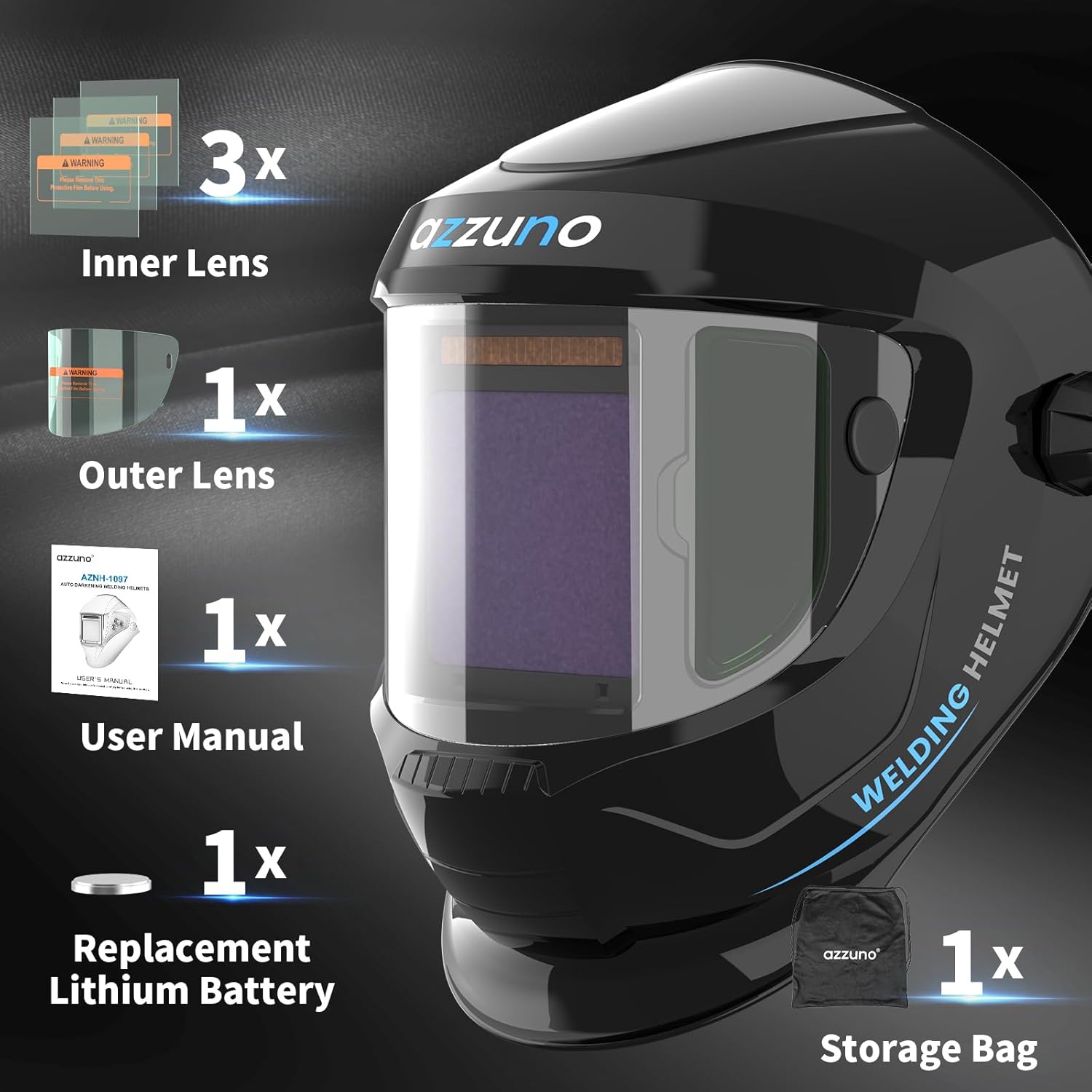 AZZUNO Auto Darkening Welding Helmet, Large Viewing 3.94"×3.82" with Side View 1.97"× 3.82", Solar Powered Welding Hood Mask with Wide Shade 4/5-8/9-13 for TIG/MIG/Stick Weld/Cut/Grind