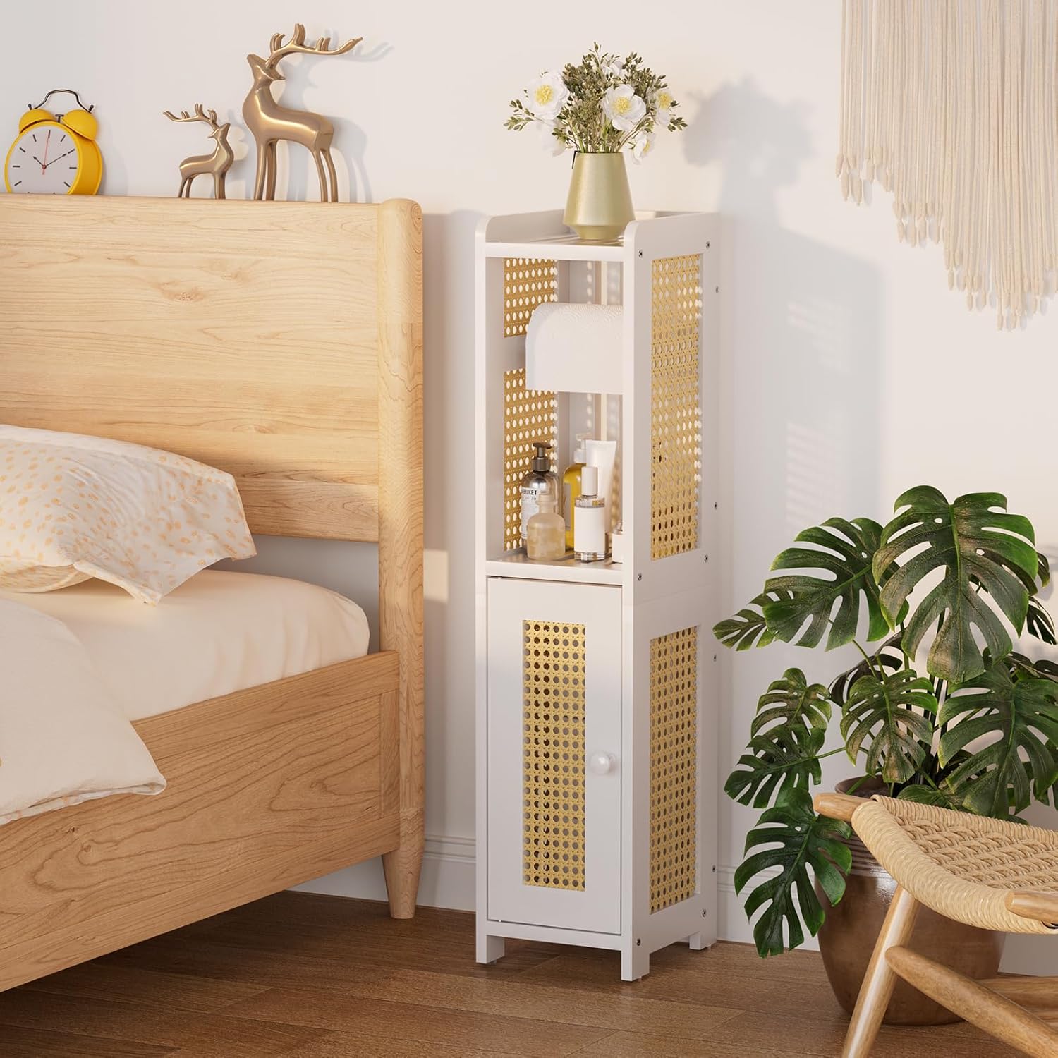 AmazerBath Toilet Paper Holder Cabinet, Bamboo Toilet Paper Holder Stand for Bathroom, Small Toilet Paper Storage Cabinet with Rattan Door, 30.3x7.8x7 inches, White