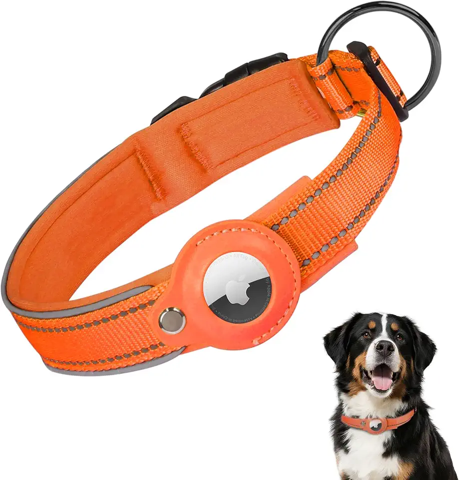 Coleira para cães AirTag atualizada 2025, coleira de couro com suporte para AirTag, ajustável, respirável, macia acolchoada Apple Air Tag para cães pequenos, médios e grandes (laranja, GG)