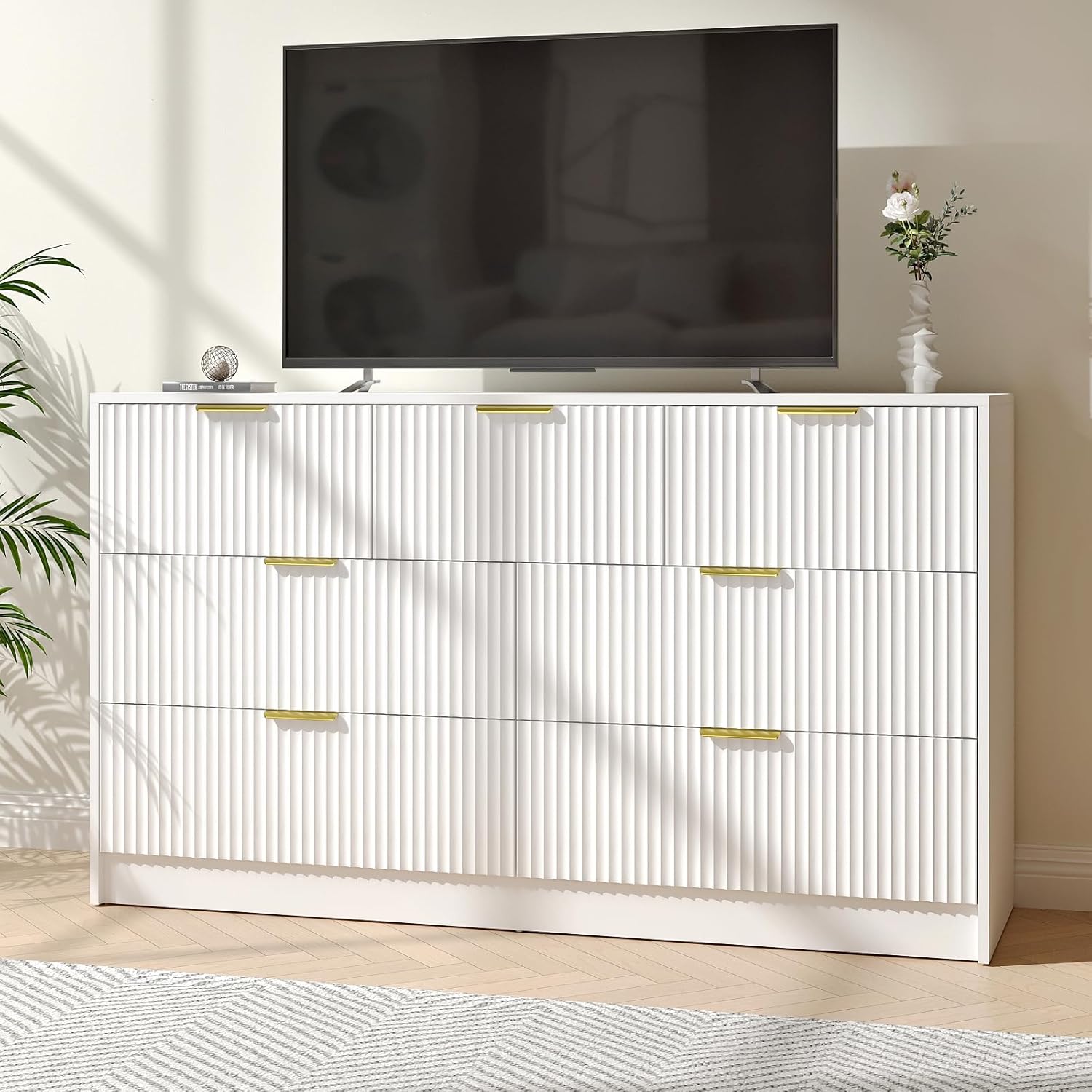 White 7 Drawer Dresser for Bedroom, 55” Wide Fluted Dresser with Gold Handles, Modern Chest of Drawer for Bedroom, Closet, Living Room, Entryway, Hallway, White White 15.7"D x 55"W x 31.7"H (7 Drawers)