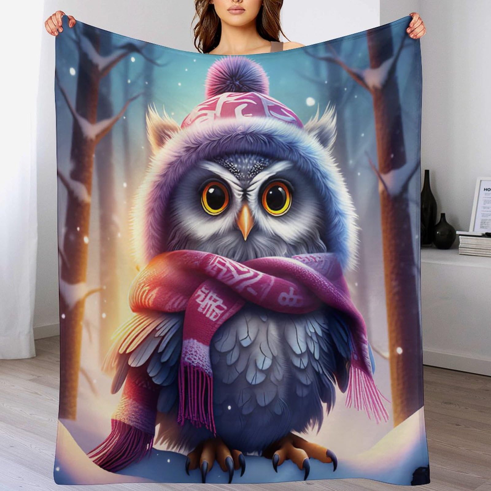 Couverture polaire hibou grand plaid flanelle 150x200 jeté de canapé polyester chaud